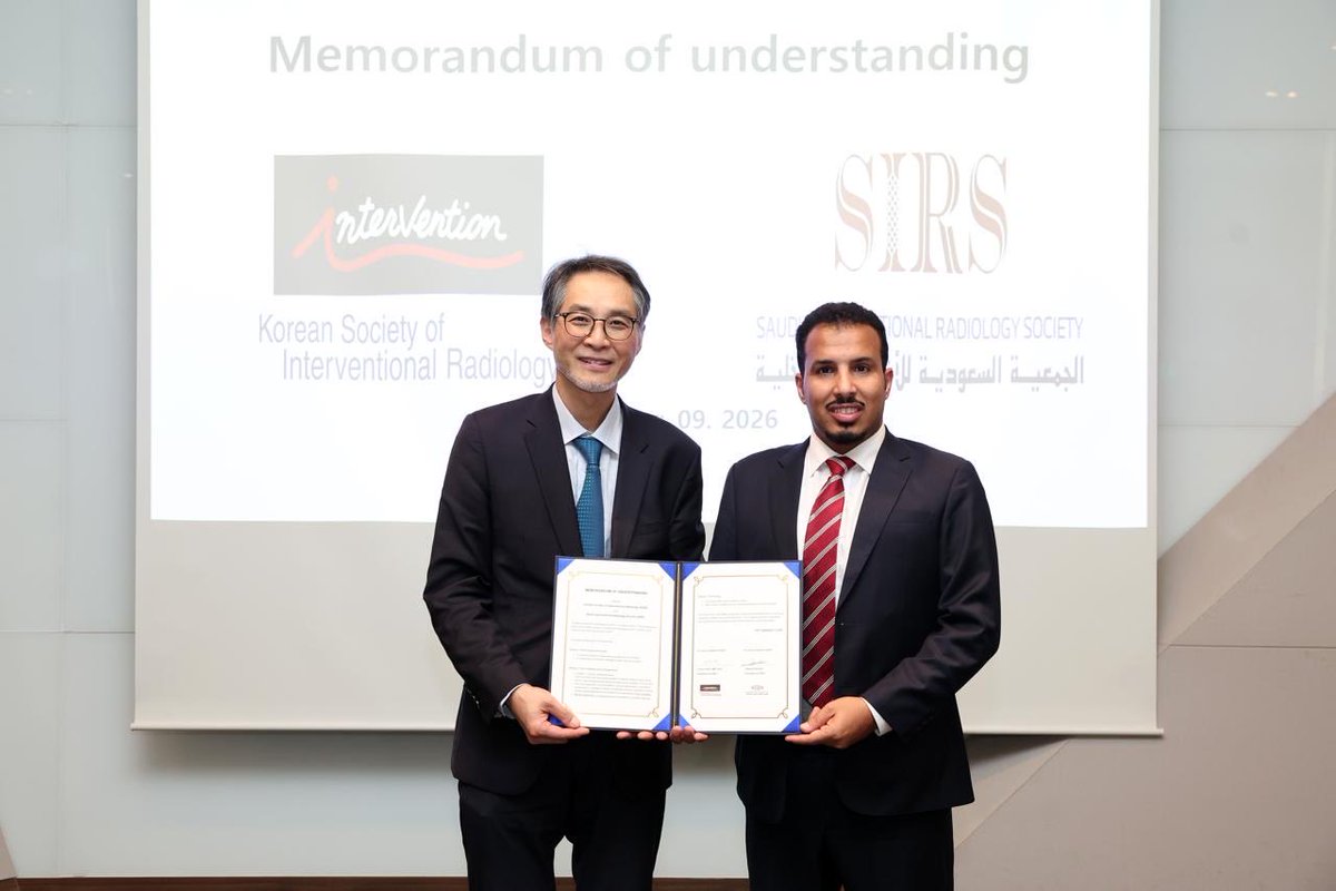 sirs_ksa's tweet photo. 🤝 Strengthening Global Collaboration in Interventional Radiology

The Saudi Interventional Radiology Society (SIRS) is pleased to announce the signing of a Memorandum of Understanding (MoU) with the Korean Society of Interventional Radiology (KSIR) during the KCR2026 in Korea.

Representing SIRS, Dr. Ibrahim Alrashidi @Ialrashidi , SIRS Board Member and Chairman of the Research Committee, signed the MoU on behalf of the Saudi Interventional Radiology Society during his participation in the congress as a speaker.

This milestone reflects SIRS’s commitment to strengthening international partnerships, fostering professional collaboration, and creating opportunities for knowledge exchange and the advancement of Interventional Radiology.

Through this partnership, SIRS and KSIR look forward to building stronger bridges between the Saudi and Korean Interventional Radiology communities and supporting future initiatives that contribute to the growth and development of the specialty.

This is just the beginning. More meaningful collaborations and opportunities lie ahead.

#SIRS_2027
#SIRS 
#SIRS_Academy 

@SaudiMOH 
@HealthCo_sa 
@SchsOrg 

@nupco 
@SaudiCHI 
@Saudi_PHA 
@Saudi_FDA 
@SHC_GOV 
@IA_GOV 

@cirsesociety 

@SIRspecialists 
@BritishDems 
@IRSA_IRs 

#2030vision
#Riyadh

#IR #IRad
#InterventionalRadiology
#RadiologyConference #CME
#MedicalEducation #IRCommunity #Healthcarelnnovation