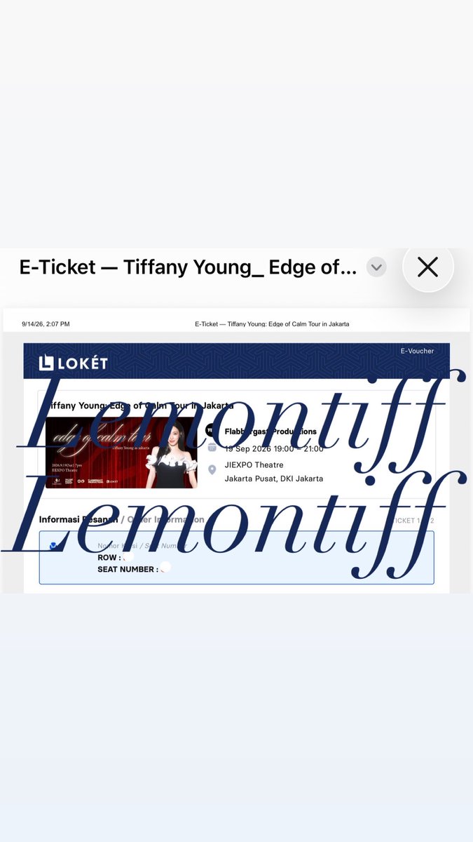 lemontiff's tweet photo. WTS Tiffany young edge of calm tour in Jakarta. Cat S, row B seat 5. Aku jual 1.7 aja (harga website 2,3 plus tax). Nanti masuknya barengan sama temenku yg di seat 6 yaaa. https://t.co/3FYs1WegQX