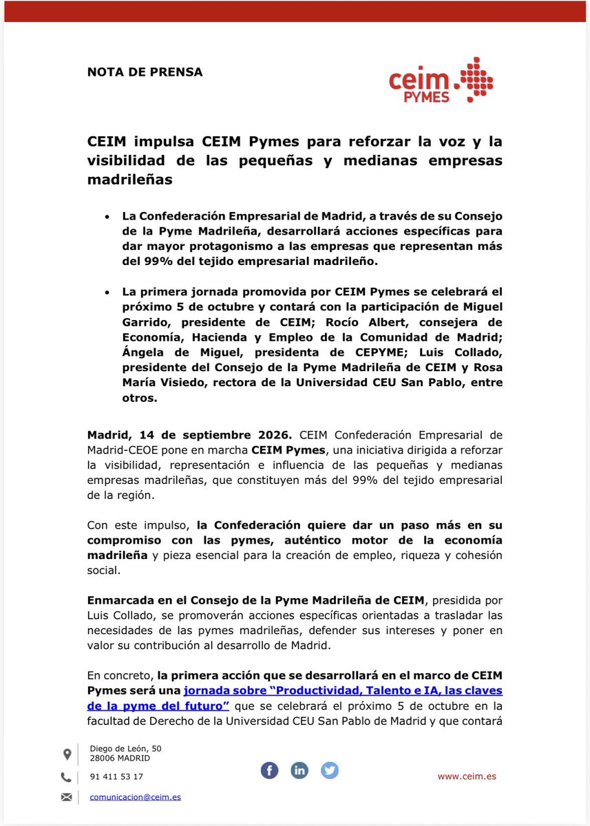 _CEIM_'s tweet photo. #ComunicadoCEIM 🔴 | Impulsamos #CEIMPymes, una iniciativa para reforzar la voz y la visibilidad de las #pymes madrileñas.

📌 Enmarcada en el Consejo de la Pyme Madrileña de CEIM, se promoverán acciones específicas orientadas a trasladar las necesidades de las pymes y poner en valor su contribución al desarrollo de #Madrid.

Más info. ⬇️