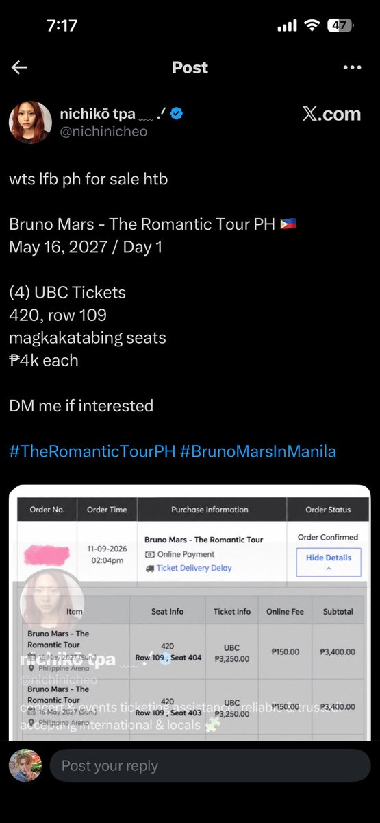 minejaemin_'s tweet photo. SCAMMER ALERT @nichinicheo 

They’re using my photos to sell Bruno Mars tickets. Please don’t buy!! 

#TheRomanticTourPH #BrunoMarsPH https://t.co/okASecZB3I