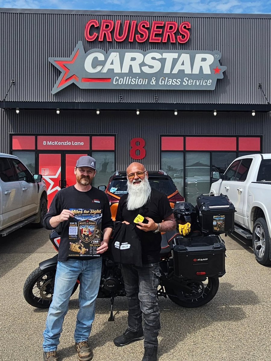 GeoffreyPa58's tweet photo. Miles for Sight stopped at Cruisers CARSTAR Moose Jaw en route to Calgary. Thanks to Jarred Henrikson for supporting CNIB and raising awareness for vision health. Every stop on this 20, 000+ km journey starts a meaningful conversation. https://t.co/U1m6EWUR00