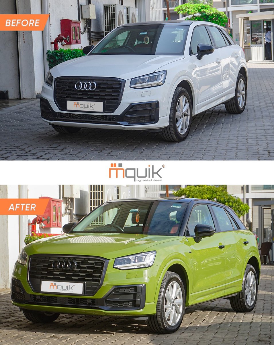 WildaStyler's tweet photo. One layer. A whole new look. We transformed this Audi Q2 from factory white to high-gloss lime green with Colour PPF—not paint. Bold custom style, self-healing protection, and the original finish preserved. At Mquik, we solve. https://t.co/oDJao0EENV