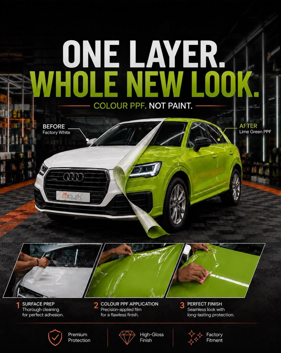 WildaStyler's tweet photo. One layer. A whole new look. We transformed this Audi Q2 from factory white to high-gloss lime green with Colour PPF—not paint. Bold custom style, self-healing protection, and the original finish preserved. At Mquik, we solve. https://t.co/oDJao0EENV