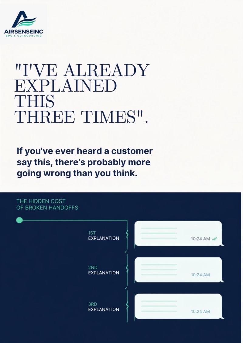 Airsenseinc's tweet photo. A customer shouldn't have to repeat their story because your teams can't hand off context.

• Every broken handoff creates friction
• Every repeated explanation reduces trust
• Every unnecessary escalation costs time
Fix the process, not just the headcount.
#CustomerExperience https://t.co/5mEfV2a6Ln