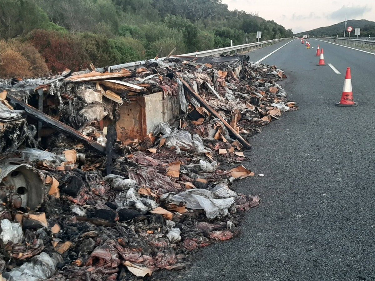 jesusvigorra's tweet photo. 26 días lleva ya este camión, ardió el 20 de agosto, con 25 toneladas de pulpo, y quedó varado en el km 61 de la Autovía Jerez Los Barrios, si nadie que lo retire ni vea el peligro ni elimine la insalubridad y el pestazo que ha provocado ¿hasta cuando tenemos que soportar esto? https://t.co/2HxiNnFtUy