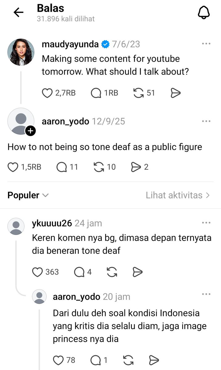 qrivasiii's tweet photo. Rame lagi status thread Maudy Ayunda di tahun 2023, salfok sama komennya, ternyata emang udah dari dulu tone deaf ya, cuma baru blundernya sekarang https://t.co/uPY84DaRgr