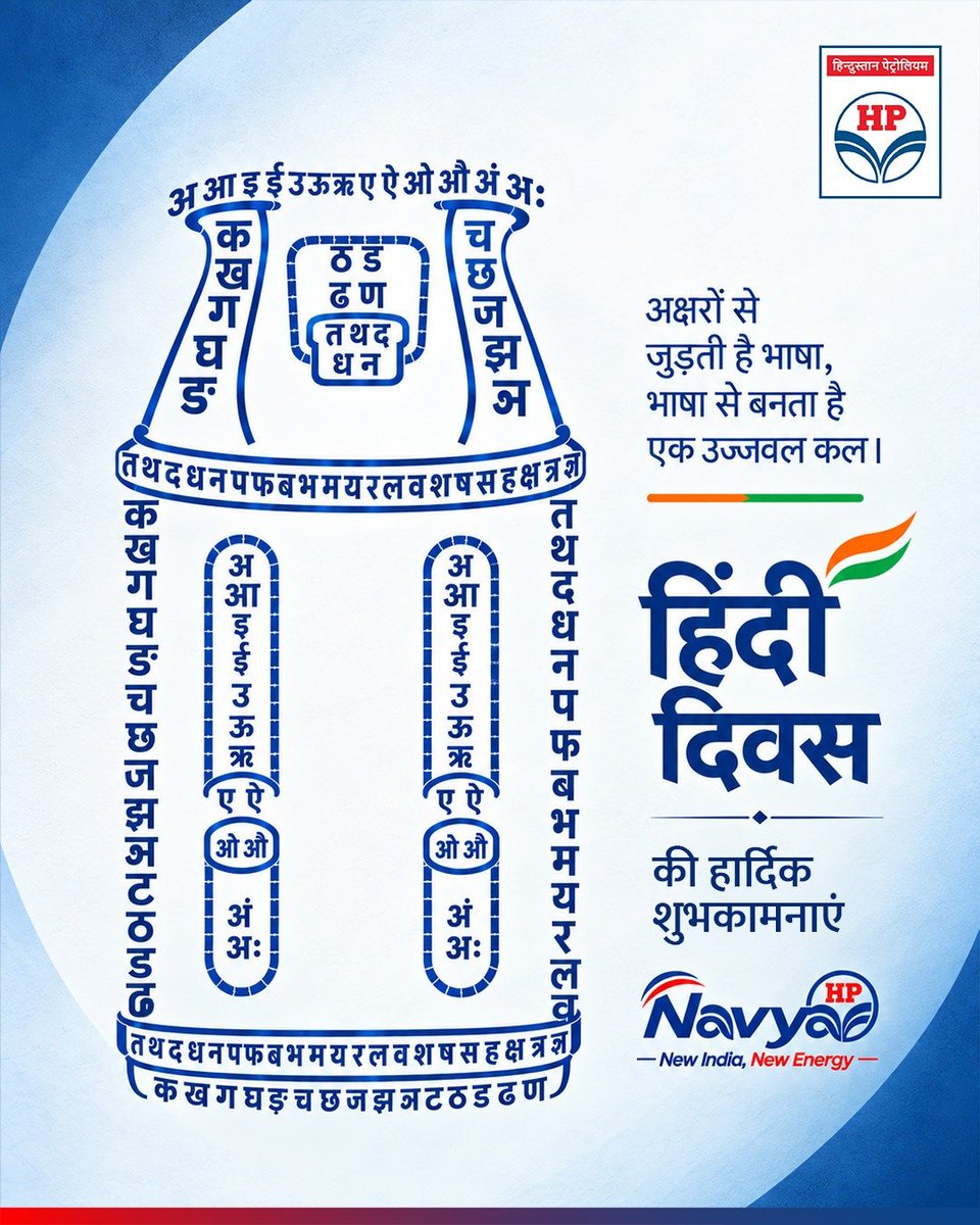 HPCL's tweet photo. अक्षरों से जुड़ती है भाषा, भाषा से बनता है एक उज्जवल कल।

हिंदी दिवस की हार्दिक शुभकामनाएं। आइए, हिंदी के गौरव को सहेजें और आगे बढ़ाएं।

Navya HP - New India, New Energy.

@HardeepSPuri @PetroleumMin @TheSureshGopi @Secretary_MoPNG @neerajmittalias

#HPCL #हिंदीदिवस #HindiDiwas #राजभाषा #NavyaHP #NewIndiaNewEnergy