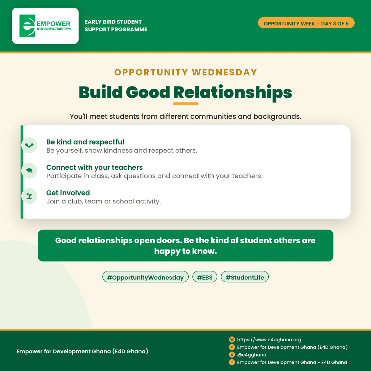 e4dghana's tweet photo. 🤝 Build Good Relationships!

SHS is a chance to meet people from different backgrounds. Be kind, connect with your teachers, and get involved in school activities. Good relationships open doors!🌱

#OpportunityWednesday #EBS #StudentLife https://t.co/Ir5ckpT6hT