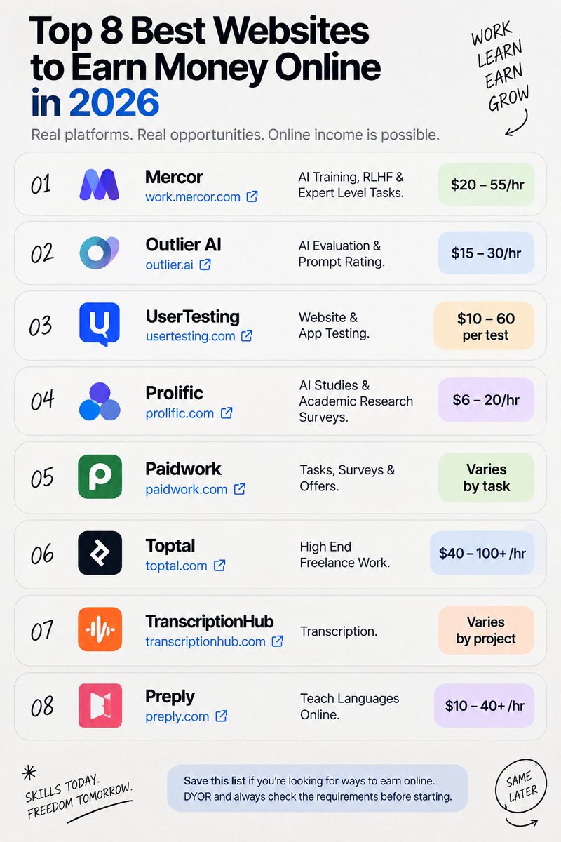 dravonnnn's tweet photo. 8 places I’d check before trying to make money online 👀

not the usual “watch ads for $0.03” type stuff lol

these are actually worth having on your radar:

01 Mercor
AI training, RLHF & expert tasks
💰 roughly $20–55/hr depending on the work
→ https://t.co/pOFnFyOqVK

02 Outlier
AI evaluation, prompt rating + training work
💰 roughly $15–30/hr
→ https://t.co/GLuJL0lB3X

03 UserTesting
test websites/apps and get paid for your feedback
💰 often $10+ per test
→ https://t.co/5MtWCNnd00

04 Prolific
research studies + AI-related tasks
💰 depends on the study
→ https://t.co/Ce9STch3bi

05 Paidwork
simple tasks, surveys & offers
💰 varies by task
→ https://t.co/76aySFQjFA

06 Toptal
this one is for people with serious freelance skills
💰 high-end freelance work
→ https://t.co/3a8cVSQhdo

07 TranscriptionHub
transcription work if you’re good with audio + typing
💰 varies by project
→ https://t.co/4VJNnp1YE2

08 Preply
teach languages or other subjects online
💰 set your own rates
→ https://t.co/6bgsvvfPWa

some need approval, skills or a proper profile, so don’t expect instant money from every site.
saving this one for later  which one would you actually try? #crypto @web3