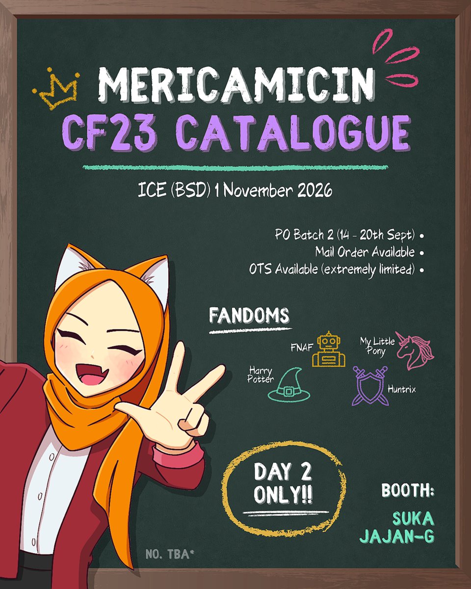 mericamicin's tweet photo. (♡ &amp; 🔃 are appreciated)
Mericamicin's CF23 Pre-Order Batch 2 open now!! ✨

🗓️ 14th - 20th Sept 2026
🛍️ Pick up (DAY 2 ONLY) + Mail Order
👑 My Little Pony, Harry Potter, FNAF, Kpop Demon Hunters
🔗 Form &amp; details in thread

#cf23catalogue #comifuro23 #comifuro23catalogue https://t.co/OlCqbt4PZM