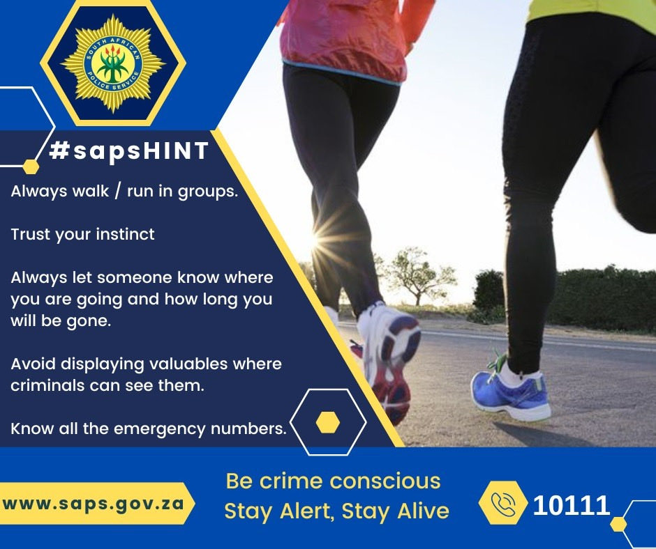 SAPoliceService's tweet photo. #sapsHQ [STAY SAFE WHILE EXERCISING] #sapsHINT

Where possible, walk, exercise and run in groups. Tell someone where you are going and when you expect to return.

Avoid isolated areas and, where possible, exercise in populated, well-lit areas. Keep your cellphone with you and remain aware of your surroundings. 

#SAPS #StaySafe ST
