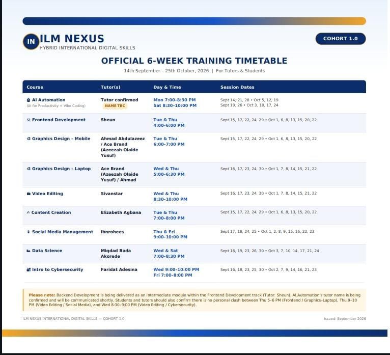 ilm_Nexus's tweet photo. ILM Nexus International Digital Skills – Cohort 1.0 Training Update
The training timetable is now available. 
All enrolled students will receive an email with their portal login details &amp; individual timetable between today and tomorrow .Training Commences: Sept
 14, 2026 .Thanks https://t.co/zakBvOGmD3