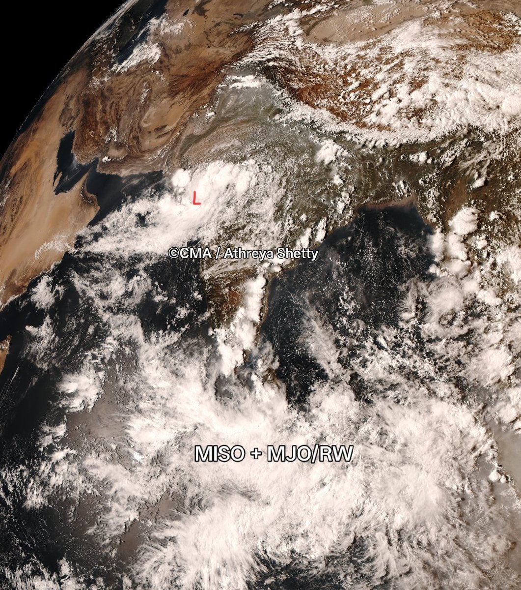 shetty_athreya's tweet photo. Today's #ViewFromAbove 😀
Very clearly #Gujarat's day today and much needed too after dry conditions for a month!
The WML now lies over central Saurashtra close to Rajkot and will continue to give heavy rainfall across the state next 36 hrs 🌧️
Meanwhile #MISO + MJO-ER will propogate north next 10 days, enhancing thunderstorms ⛈️ over Peninsular #Bharat and spin a fresh system over the central Bay next week 🌀