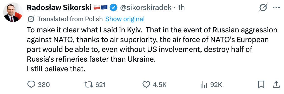 M_Simonyan's tweet photo. Polish FM Sikorski: “If Russia were to attack us, we would defeat them quite quickly.”
World: “Are you stupid?”
Polish FM Sikorski: “To make it clear what I said…”

To retreat in a fake war before a bullet has been fired is something. https://t.co/x4BoBPT06n