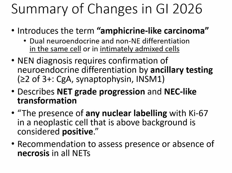 Janiranavarro's tweet photo. WHAT'S NEW IN NEUROENDOCRINE TUMORS (WHO 6TH EDITION 2026)
Presence of any nuclear labeling with Ki67 above background is considered positive

Ki67 stain is not a positive or negative stain. It is dynamically expressed throughout the cell cycle
Stronger Ki67 IHC assays tend to flatten this variation

Dr. Bellizzi GIPS pathcast https://t.co/hVmAzdKI6O #pathology #PathX