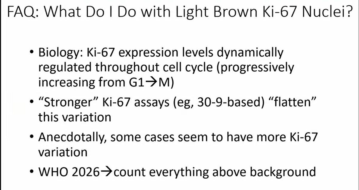 Janiranavarro's tweet photo. WHAT'S NEW IN NEUROENDOCRINE TUMORS (WHO 6TH EDITION 2026)
Presence of any nuclear labeling with Ki67 above background is considered positive

Ki67 stain is not a positive or negative stain. It is dynamically expressed throughout the cell cycle
Stronger Ki67 IHC assays tend to flatten this variation

Dr. Bellizzi GIPS pathcast https://t.co/hVmAzdKI6O #pathology #PathX