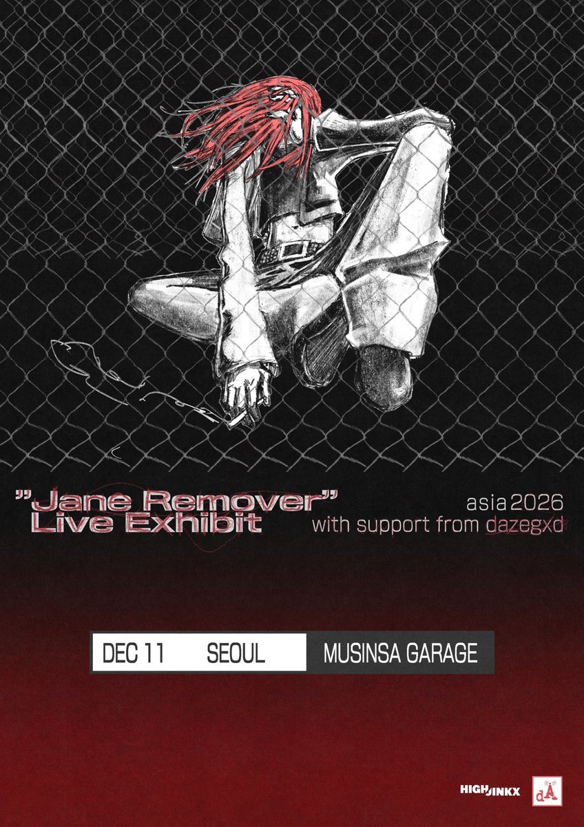 HIGHJINKXX's tweet photo. [Jane Remover: Live Exhibit in Seoul]

디지털 세계에서 태어난
파괴적이고 폭발적인 소리의 창조자
제인 리무버 @janeremover 첫 내한 공연

일시: 2026년 12월 11일 금요일 오후 8시
장소: 홍대 무신사 개러지
가격: 일반 99,000원 (전석 스탠딩)
예매: 29cm / YES24티켓
예매 오픈: 2026년 9월 22일 오후 12시

https://t.co/f2eJEZUzua