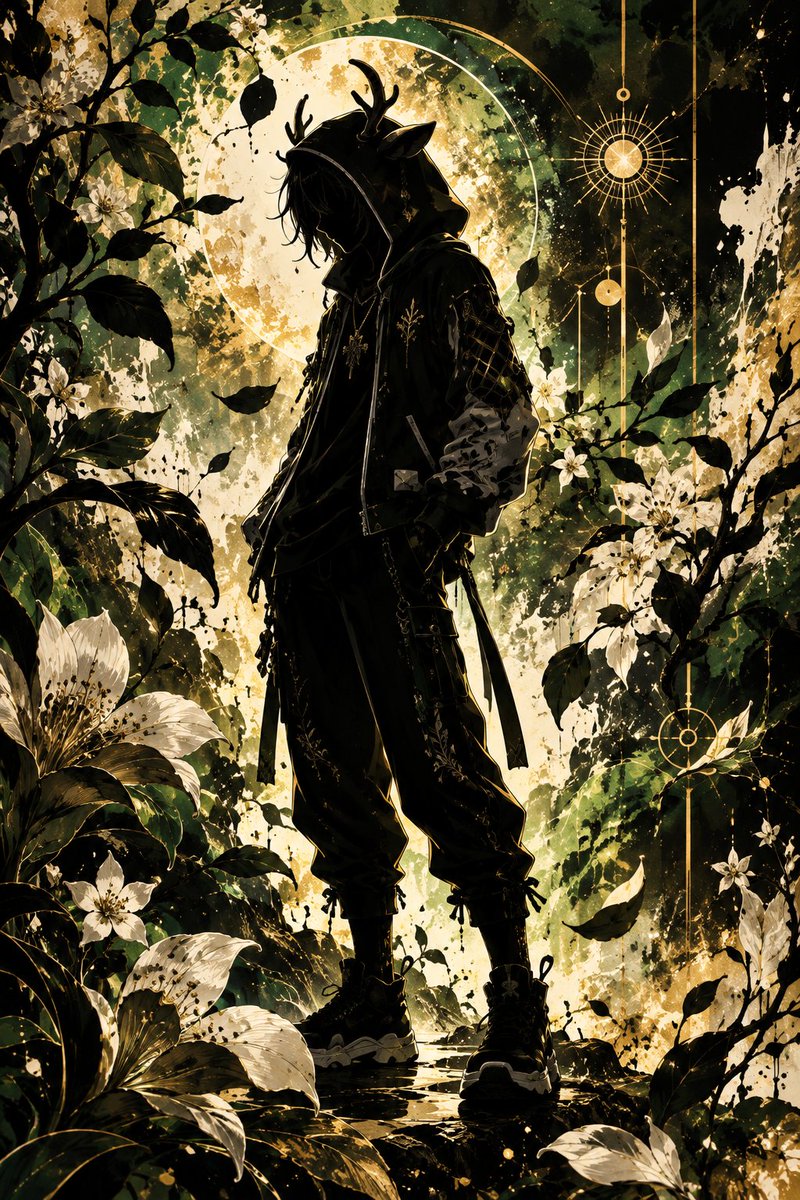 FuckTheSystem0x's tweet photo. This prompt turns your character into a striking black silhouette, surrounded by blooming flowers, delicate branches, and vivid colors derived from their own palette.

“Where flowers bloom, shadows come alive.”

Prompt in replies. 
#CrownAI https://t.co/ZRhQjs97mA