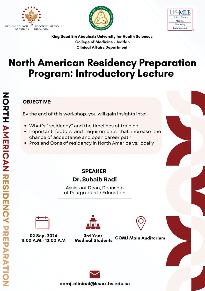 KSAUHS_JD's tweet photo. The Clinical Affairs Department successfully organized the introductory lecture of the North American Residency Preparation Program (NARPP) for third-year medical students
๐๏ธ 2 September 2026
๐ค Dr. Suhaib Radi.
#ClinicalAffairs #NARPP #MedicalStudents #KSAUHS #COMJ https://t.co/t9S1GieRsm