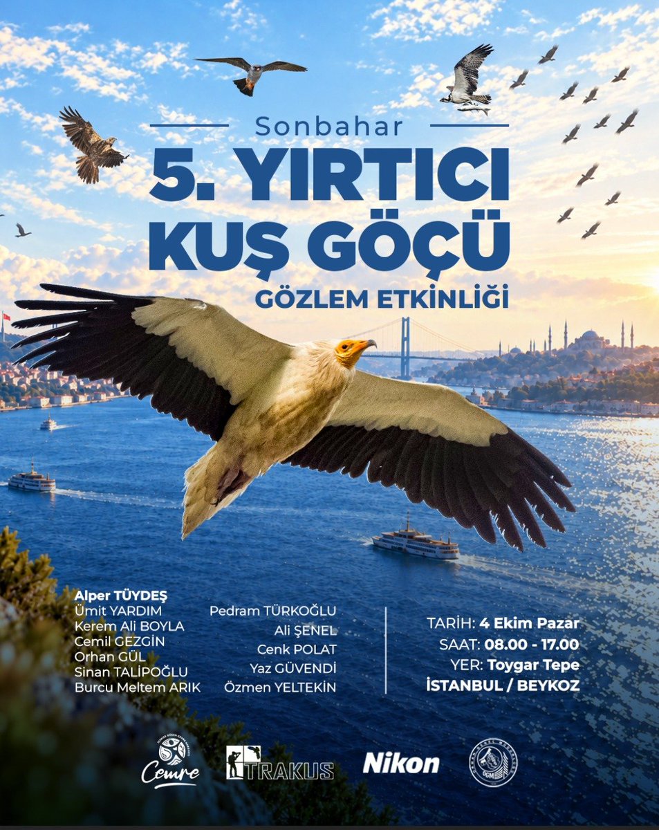 alpertuydes's tweet photo. Bu yıl 5. kez Sonbahar Yırtıcı Kuş Göçü Gözlem Etkinliği için 4 Ekim Pazar günü yine Beykoz Toygartepe Yangın Gözetleme Kulesi’nde buluşuyoruz. 

Bu yıl @cemrevakfi ’nın katkılarıyla, @trakus_org ve @nikon_turkiye iş birliğiyle, @OGMgovtr  ev sahipliğinde kuşların göç yolculuğuna hep birlikte tanıklık edeceğiz.

Misafirlerimizi 08.00 itibarıyla karşılamaya başlayacağız. Ama sizler dilediğiniz saatte gelebilir, ayrılabilirsiniz. 

Katılım ücretsiz ve kayıt gerekmiyor.

Geçiş yapan kuşların birçoğunu çıplak gözle gayet net görebileceğiz. Dürbününüz veya teleskobunuz varsa getirin ama yok diye gelmemezlik yapmayın. :) Zaten alanda denemeniz için dürbünler de olacak.

Gün içerisinde aralıksız kuş geçişi olmuyor. Zaten işin güzelliğinin birazı da beklemekte. Aralarda sohbet edip, birbirimizi tanımaya vaktimiz olacak. Ayrıca davet ettiğimiz kuş gözlemcileri, yaban hayatı fotoğrafçıları ve deneyimli arkadaşlarımız; kuş göçü, doğa ve fotoğrafçılık üzerine görsel anlatımlarını LED ekranda paylaşacak. Yoğun geçişlerde ise gördüğümüz kuşlarla ilgili anlık bilgileri anons edeceğiz.

Nikon tarafı kuracağı stantta farklı dürbün ve ekipmanları deneme imkânı sunacak. BagtheJoy ailesi de standı ve eğlenceli aktiviteleriyle bu yıl bizimle olacak. Ayrıca etkinlikte su, çay ve kahve ücretsiz ikram olacak.

Hava durumu planımızı değiştirmeyecek. Yağmur da yağsa oradayız. Hatta yağmur sonrası kuşların alçaktan geçişleri bazen çok daha etkileyici oluyor, benden söylemesi. :)

Toygartepe açık ve yüksek bir tepe. Hava serin, rüzgârlı veya güneşli olabilir. Güncel hava durumuna göre yağmurluk, ilave kıyafet, şapka ve güneş kremi getirmenizi öneriyorum. Sandalye, yiyecek-içecek ve kamp eşyalarınızı da getirebilirsiniz.

Çocuklarınızı zaten özellikle getirin. Alan açık ve çayırlık, çocuklu aileler için oldukça uygun. Her yıl bebek arabasıyla da gelen misafirlerimiz mutlaka oluyor.

Ateş, semaver, nargile ve yüksek müzik olmayacak! Doğaya, kuşlara ve diğer katılımcılara saygılı, sakin bir ortam oluşturacağız.

Dürbününüz olsun ya da olmasın, 
kuşları tanıyın ya da ilk kez bir gözleme katılın, 
fark etmez.

4 Ekim Pazar günü Toygartepe’de gökyüzüne birlikte bakmak için buluşuyoruz.
