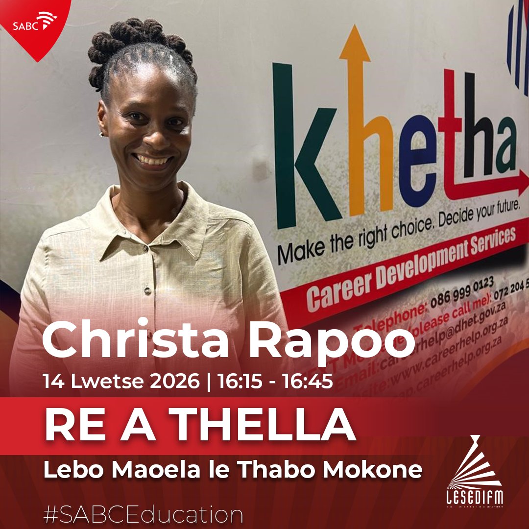 LesediFM's tweet photo. #ReAThella le Lebo Maoela le Thabo Mokone.
๐คRe bua le Christa Rapoo ka kgetho ya dithuto ho #SABCEducation
#LesediFM
๐: 086 000 3084
๐ฒ: 079 758 5066
๐: https://t.co/4WGalUn8tj https://t.co/8TrCo4fLnZ