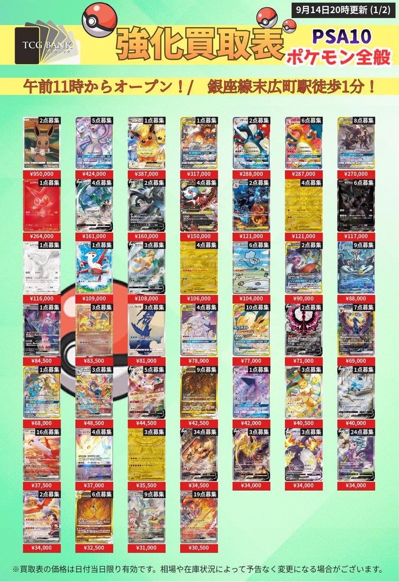 torecabank's tweet photo. 【🆕9/15(火) ポケモンPSA10 追加募集】

新規カードを 買取募集に 追加しました‼️
1枚からOK・お気軽にご相談ください🙌

リアルタイム買取表👇
https://t.co/5CxhD3bLlg

#PSA10 #ポケカ買取 #秋葉原 #高価買取

【買取金額一覧】
ポンチョを着たピカチュウ(メガリザードンY) (208/XY-P) ¥2,720,000
ルイージピカチュウ(大) (296/XY-P) ¥2,550,000
ピカチュウ(ムンク展) (288/SM-P) ¥2,280,000
ポンチョを着たピカチュウ(レックウザver) (230/XY-P) ¥2,210,000
ピカチュウ(リミテッドコレクション　マスターバトルセット) (400/SM-P) ¥770,000
ピカチュウ＆ゼクロムGX[SM9] (101/095) ¥741,000
ピカチュウ:1ED[CP3] (010/032) ¥646,000
ピカチュウ(バトルフェスタ2015) (175/XY-P) ¥550,000
ゴッホピカチュウ(英語版)[SVPEN] (085/SV-P) ¥431,000
紳士風のピカチュウ (210/SM-P) ¥320,000
ポンチョを着たピカチュウ (203/XY-P) ¥310,000
サッポロのピカチュウ (005/SM-P) ¥295,000
桜アフロのピカチュウ (211/SM-P) ¥280,000
トウホクのピカチュウ (088/SM-P) ¥252,000
ピカチュウex(SAR仕様)[MC] (764/742) ¥211,000
ヨコハマのピカチュウ (282/SM-P) ¥189,000
救助隊DXのピカチュウ[S-P] (036/S-P) ¥150,000
お茶会ごっこピカチュウ (325/SM-P) ¥143,000
ピカチュウEX:1ED[CP2] (008/027) ¥142,000
ヨコハマのピカチュウ (283/SM-P) ¥141,000
シブヤのピカチュウ (002/S-P) ¥136,000
ピカチュウ(マスターボールミラー)[SV2a] (025/165) ¥100,000
ピカチュウ 2016 POKEMON JAPANESE XY PROMO #206 PIKACHU M.CHARIZARD X/Y-P.M.CNTR. (206/XY-P) ¥100,000
ピカチュウVMAX[S4] (114/100) ¥97,500
ピカチュウex[SV8] (132/106) ¥82,000
ピカチュウ (205/172) ¥70,000
ピカチュウex[WCS23] (001/030) ¥65,000
ピカチュウVMAX(ピカピカ！ピカチュウ！プロモカードキャンペーン！) (123/S-P) ¥64,500
カナザワのピカチュウ (144/S-P) ¥59,000
ピカチュウV[S4] (104/100) ¥48,000
ピカチュウ (YU NAGABA) (208/S-P) ¥36,500
ピカチュウVMAX[S8b] (223/184) ¥32,000
ピカチュウex[SV8] (136/106) ¥32,000
ピカチュウex[SV8a] (236/187) ¥24,000
ピカチュウ(ピカピカ！ピカチュウ！プロモカードキャンペーン！) (124/S-P) ¥23,000
ピカチュウ[SV2a] (173/165) ¥14,000
ピカチュウ(ホイル加工) (001/028) ¥12,500
ピカチュウ(マクドナルド) (020/M-P) ¥11,000
ピカチュウVMAX[S8a-G] (006/015) ¥9,000
リーリエ[SM4+] (119/114) ¥2,600,000
アセロラ[SM2+] (056/049) ¥1,600,000
アローラの仲間たち(リミテッドコレクション　マスターバトルセット) (401/SM-P) ¥580,000
かんこうきゃく[SM12a] (192/173) ¥253,000
ルザミーネ[SM4A] (055/050) ¥221,000
シロナ[SM5M] (070/066) ¥161,000
ブルーの探索[SM12a] (196/173) ¥115,000
フウロ (164/XY-P) ¥99,000
ナンジャモ[SV2D] (096/071) ¥75,500
リーリエの全力[SM11b] (068/049) ¥73,500
メイ[SM11b] (067/049) ¥71,500
ブルーの探索[SM9b] (061/054) ¥59,500
シロナ[SM8b] (153/150) ¥55,000
ポケモンセンターのお姉さん (069/S-P) ¥40,000
ルチアのアピール[SV7a] (091/064) ¥39,000
シロナ&カトレア[SM12] (106/095) ¥36,500
マリィ[S-P] (140/S-P) ¥36,000
パラソルおねえさん (089/062) ¥29,500
マリィのプライド (419/414) ¥28,500
マオ&スイレン (107/095) ¥28,500
マリィ[S4a] (198/190) ¥27,500
アカネ (101/095) ¥27,000
タロ (131/102) ¥24,000
ナンジャモ[SV4a] (350/190) ¥23,500
ルチアのアピール[SV7a] (086/064) ¥23,000
ミカン (058/052) ¥22,500
カヒリ (065/060) ¥21,500
シロナの覇気[S12a] (239/172) ¥21,000
トウコ (173/086) ¥20,000
アセロラのいたずら [M1S] (090/063) ¥17,000
キハダ (099/073) ¥15,000
エリカの招待 (196/165) ¥15,000
シロナの覇気[S9] (114/100) ¥15,000
Nの筋書き[SV11B] (173/086) ¥14,500
アロマなおねえさん[S6a] (086/069) ¥13,500
スイレンのお世話[SV5a] (093/066) ¥12,500
ルリナ[S4] (111/100) ¥12,000
ミカンのまなざし (135/106) ¥12,000
カイ[S10P] (077/067) ¥11,000
フウロ (195/190) ¥11,000
ガラルの仲間たち (258/184) ¥10,000
ふりそで (082/068) ¥10,000
アセロラのいたずら [M1S] (084/063) ¥10,000
スズナ (113/098) ¥9,100
ホミカ[SM12a] (197/173) ¥9,000
カミツレのきらめき (246/172) ¥9,000
パルデアの仲間たち (195/187) ¥6,300
シャクヤ (082/070) ¥6,100
ツツジ (081/067) ¥6,000
イーブイ(ムンク展) (287/SM-P) ¥950,000
ミュウツーGX(SR仕様/ミュウツーHR争奪戦) (363/SM-P) ¥424,000
ブースターEX:1ED[CP3] (007/032) ¥387,000
レシラム＆リザードンGX[SM10] (097/095) ¥317,000
リザードンGX[SM8b] (209/150) ¥288,000
リザードンGX[SM3H] (052/051) ¥287,000
ブラッキー&ダークライGX[SM12a] (182/173) ¥270,000
ビクティニ (288/SV-P) ¥264,000
レックウザV[S7R] (076/067) ¥161,000
ルギアV[S12] (110/098) ¥160,000
MサーナイトEX:1ED[CP3] (020/032) ¥150,000
メガリザードンXex[M2] (110/080) ¥121,000
メガルカリオex[M1L] (092/063) ¥121,000
ゼクロムex (174/086) ¥117,000
レシラムex (174/086) ¥116,000
ラティアス[CP2] (018/027) ¥109,000
カイリューV[S7R] (074/067) ¥108,000
メガゲッコウガex[M4] (120/083) ¥106,000
ミュウex[SV4a] (347/190) ¥104,000
メガヤミラミ&バンギラスGX (102/094) ¥90,000
れんげきウーラオスVMAX[S5R] (084/070) ¥88,000
ロケット団のミュウツーex[SV10] (125/098) ¥84,500
リザードン[s8a-P] (001/025) ¥83,500
ウッウ (226/S-P) ¥81,000
ソルガレオ&ルナアーラ[SM11b] (063/049) ¥78,000
イーブイ＆カビゴンGX (297/SM-P) ¥77,000
ガラルファイヤーV[S5a] (078/070) ¥71,000
ブラッキーex[SV8a] (217/187) ¥69,000
レシラム＆ゼクロムGX[SM11b] (064/049) ¥68,000
ゲッコウガex (090/066) ¥48,500
ニンフィアV (083/069) ¥44,500
ギラティナVSTAR[S12a] (261/172) ¥42,500
エーフィGX SR [SM1] (062/060) ¥42,000
イーブイ(AR仕様)[MC] (755/742) ¥40,500
グレイシアV (077/069) ¥40,000
ラティアスex (087/064) ¥37,500
リーフィアGX HR [SM5S] (073/066) ¥37,000
メガジガルデex[M3] (117/080) ¥35,500
ブースターV (073/069) ¥34,500
サンダースV (079/069) ¥34,000
リザードンVMAX[S4a] (308/190) ¥34,000
ミュウV (106/100) ¥34,000
ヒビキのホウオウex (086/063) ¥34,000
アルセウスVSTAR[S12a] (262/172) ¥32,500
レシラムex[SV11W] (168/086) ¥31,000
ロケット団のファイヤーex (124/098) ¥30,500
イーブイ(YU NAGABA) (062/SV-P) ¥30,500
リーリエのピッピex[SV9] (126/100) ¥30,000
メガカイリューex[M2a] (246/193) ¥30,000
ゼクロムex[SV11B] (169/086) ¥29,000
ニンフィアex[SV8a] (212/187) ¥26,000
ブラッキー(マスターボールミラー) (092/187) ¥24,000
ミミッキュ (058/049) ¥23,000
ニンフィアVMAX[S8b] (232/184) ¥22,500
ゼニガメ(AR仕様)[SVG] (052/049) ¥22,000
ミュウツーVSTAR[S12a] (221/172) ¥21,500
ミミッキュV (233/184) ¥20,500
フシギダネ(AR仕様)[SVG] (050/049) ¥20,000
コライドン (049/SV-P) ¥19,000
リザードンex[SV3] (139/108) ¥18,500
ラフレシアGX (062/049) ¥18,000
ミロカロスex (131/106) ¥18,000
ガラルフリーザーV(SA)[S5a] (074/070) ¥17,000
カスミのコダック (071/063) ¥15,000
エリカのモンジャラ(AR仕様)[MC] (743/742) ¥14,500
イーブイ (078/066) ¥12,000
ブースター(マスターボールミラー) (021/187) ¥11,500
ロケット団のミュウツーex (130/098) ¥11,000
アローラナッシーex (089/064) ¥10,500
カスミのラプラス (072/063) ¥10,500
シャワーズ(マスターボールミラー)[SV8a] (030/187) ¥10,000
キュレムex (168/086) ¥10,000
ミライドンex (102/078) ¥9,900
イーブイ(マスターボールミラー) (125/187) ¥9,500
エーフィ(マスターボールミラー) (062/187) ¥9,500
シャワーズV[S6a] (074/069) ¥9,500
サンダース/マスターボールミラー (051/187) ¥9,400
サンダース[S8b] (193/184) ¥9,100
メガラティアスex [M1S] (088/063) ¥9,100
リーリエのピッピex[SV9] (115/100) ¥9,000
テラパゴスex[SV7] (130/102) ¥9,000
ブースター[S8b] (188/184) ¥8,500
トドロクツキex[SV8a] (218/187) ¥8,400
マリィのモルペコ (020/019) ¥8,300
ロケット団のニャース (109/098) ¥8,200
イーブイ[S8b] (210/184) ¥7,400
フリーザー [SV9] (102/100) ¥7,000
リーリエのアブリボン[SV9] (105/100) ¥6,300
ライチュウ [S8a-G] (004/015) ¥6,000
レントラーGLLV.X[S8a-P] (017/025) ¥5,000
ネンドールLV.45[S8a-P] (016/025) ¥4,500
(1/2)