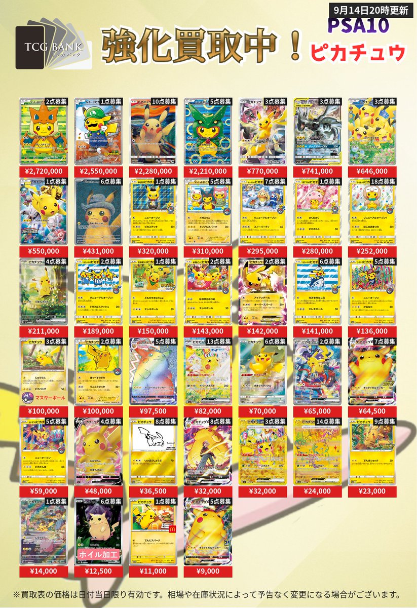 torecabank's tweet photo. 【🆕9/15(火) ポケモンPSA10 追加募集】

新規カードを 買取募集に 追加しました‼️
1枚からOK・お気軽にご相談ください🙌

リアルタイム買取表👇
https://t.co/5CxhD3bLlg

#PSA10 #ポケカ買取 #秋葉原 #高価買取

【買取金額一覧】
ポンチョを着たピカチュウ(メガリザードンY) (208/XY-P) ¥2,720,000
ルイージピカチュウ(大) (296/XY-P) ¥2,550,000
ピカチュウ(ムンク展) (288/SM-P) ¥2,280,000
ポンチョを着たピカチュウ(レックウザver) (230/XY-P) ¥2,210,000
ピカチュウ(リミテッドコレクション　マスターバトルセット) (400/SM-P) ¥770,000
ピカチュウ＆ゼクロムGX[SM9] (101/095) ¥741,000
ピカチュウ:1ED[CP3] (010/032) ¥646,000
ピカチュウ(バトルフェスタ2015) (175/XY-P) ¥550,000
ゴッホピカチュウ(英語版)[SVPEN] (085/SV-P) ¥431,000
紳士風のピカチュウ (210/SM-P) ¥320,000
ポンチョを着たピカチュウ (203/XY-P) ¥310,000
サッポロのピカチュウ (005/SM-P) ¥295,000
桜アフロのピカチュウ (211/SM-P) ¥280,000
トウホクのピカチュウ (088/SM-P) ¥252,000
ピカチュウex(SAR仕様)[MC] (764/742) ¥211,000
ヨコハマのピカチュウ (282/SM-P) ¥189,000
救助隊DXのピカチュウ[S-P] (036/S-P) ¥150,000
お茶会ごっこピカチュウ (325/SM-P) ¥143,000
ピカチュウEX:1ED[CP2] (008/027) ¥142,000
ヨコハマのピカチュウ (283/SM-P) ¥141,000
シブヤのピカチュウ (002/S-P) ¥136,000
ピカチュウ(マスターボールミラー)[SV2a] (025/165) ¥100,000
ピカチュウ 2016 POKEMON JAPANESE XY PROMO #206 PIKACHU M.CHARIZARD X/Y-P.M.CNTR. (206/XY-P) ¥100,000
ピカチュウVMAX[S4] (114/100) ¥97,500
ピカチュウex[SV8] (132/106) ¥82,000
ピカチュウ (205/172) ¥70,000
ピカチュウex[WCS23] (001/030) ¥65,000
ピカチュウVMAX(ピカピカ！ピカチュウ！プロモカードキャンペーン！) (123/S-P) ¥64,500
カナザワのピカチュウ (144/S-P) ¥59,000
ピカチュウV[S4] (104/100) ¥48,000
ピカチュウ (YU NAGABA) (208/S-P) ¥36,500
ピカチュウVMAX[S8b] (223/184) ¥32,000
ピカチュウex[SV8] (136/106) ¥32,000
ピカチュウex[SV8a] (236/187) ¥24,000
ピカチュウ(ピカピカ！ピカチュウ！プロモカードキャンペーン！) (124/S-P) ¥23,000
ピカチュウ[SV2a] (173/165) ¥14,000
ピカチュウ(ホイル加工) (001/028) ¥12,500
ピカチュウ(マクドナルド) (020/M-P) ¥11,000
ピカチュウVMAX[S8a-G] (006/015) ¥9,000
リーリエ[SM4+] (119/114) ¥2,600,000
アセロラ[SM2+] (056/049) ¥1,600,000
アローラの仲間たち(リミテッドコレクション　マスターバトルセット) (401/SM-P) ¥580,000
かんこうきゃく[SM12a] (192/173) ¥253,000
ルザミーネ[SM4A] (055/050) ¥221,000
シロナ[SM5M] (070/066) ¥161,000
ブルーの探索[SM12a] (196/173) ¥115,000
フウロ (164/XY-P) ¥99,000
ナンジャモ[SV2D] (096/071) ¥75,500
リーリエの全力[SM11b] (068/049) ¥73,500
メイ[SM11b] (067/049) ¥71,500
ブルーの探索[SM9b] (061/054) ¥59,500
シロナ[SM8b] (153/150) ¥55,000
ポケモンセンターのお姉さん (069/S-P) ¥40,000
ルチアのアピール[SV7a] (091/064) ¥39,000
シロナ&カトレア[SM12] (106/095) ¥36,500
マリィ[S-P] (140/S-P) ¥36,000
パラソルおねえさん (089/062) ¥29,500
マリィのプライド (419/414) ¥28,500
マオ&スイレン (107/095) ¥28,500
マリィ[S4a] (198/190) ¥27,500
アカネ (101/095) ¥27,000
タロ (131/102) ¥24,000
ナンジャモ[SV4a] (350/190) ¥23,500
ルチアのアピール[SV7a] (086/064) ¥23,000
ミカン (058/052) ¥22,500
カヒリ (065/060) ¥21,500
シロナの覇気[S12a] (239/172) ¥21,000
トウコ (173/086) ¥20,000
アセロラのいたずら [M1S] (090/063) ¥17,000
キハダ (099/073) ¥15,000
エリカの招待 (196/165) ¥15,000
シロナの覇気[S9] (114/100) ¥15,000
Nの筋書き[SV11B] (173/086) ¥14,500
アロマなおねえさん[S6a] (086/069) ¥13,500
スイレンのお世話[SV5a] (093/066) ¥12,500
ルリナ[S4] (111/100) ¥12,000
ミカンのまなざし (135/106) ¥12,000
カイ[S10P] (077/067) ¥11,000
フウロ (195/190) ¥11,000
ガラルの仲間たち (258/184) ¥10,000
ふりそで (082/068) ¥10,000
アセロラのいたずら [M1S] (084/063) ¥10,000
スズナ (113/098) ¥9,100
ホミカ[SM12a] (197/173) ¥9,000
カミツレのきらめき (246/172) ¥9,000
パルデアの仲間たち (195/187) ¥6,300
シャクヤ (082/070) ¥6,100
ツツジ (081/067) ¥6,000
イーブイ(ムンク展) (287/SM-P) ¥950,000
ミュウツーGX(SR仕様/ミュウツーHR争奪戦) (363/SM-P) ¥424,000
ブースターEX:1ED[CP3] (007/032) ¥387,000
レシラム＆リザードンGX[SM10] (097/095) ¥317,000
リザードンGX[SM8b] (209/150) ¥288,000
リザードンGX[SM3H] (052/051) ¥287,000
ブラッキー&ダークライGX[SM12a] (182/173) ¥270,000
ビクティニ (288/SV-P) ¥264,000
レックウザV[S7R] (076/067) ¥161,000
ルギアV[S12] (110/098) ¥160,000
MサーナイトEX:1ED[CP3] (020/032) ¥150,000
メガリザードンXex[M2] (110/080) ¥121,000
メガルカリオex[M1L] (092/063) ¥121,000
ゼクロムex (174/086) ¥117,000
レシラムex (174/086) ¥116,000
ラティアス[CP2] (018/027) ¥109,000
カイリューV[S7R] (074/067) ¥108,000
メガゲッコウガex[M4] (120/083) ¥106,000
ミュウex[SV4a] (347/190) ¥104,000
メガヤミラミ&バンギラスGX (102/094) ¥90,000
れんげきウーラオスVMAX[S5R] (084/070) ¥88,000
ロケット団のミュウツーex[SV10] (125/098) ¥84,500
リザードン[s8a-P] (001/025) ¥83,500
ウッウ (226/S-P) ¥81,000
ソルガレオ&ルナアーラ[SM11b] (063/049) ¥78,000
イーブイ＆カビゴンGX (297/SM-P) ¥77,000
ガラルファイヤーV[S5a] (078/070) ¥71,000
ブラッキーex[SV8a] (217/187) ¥69,000
レシラム＆ゼクロムGX[SM11b] (064/049) ¥68,000
ゲッコウガex (090/066) ¥48,500
ニンフィアV (083/069) ¥44,500
ギラティナVSTAR[S12a] (261/172) ¥42,500
エーフィGX SR [SM1] (062/060) ¥42,000
イーブイ(AR仕様)[MC] (755/742) ¥40,500
グレイシアV (077/069) ¥40,000
ラティアスex (087/064) ¥37,500
リーフィアGX HR [SM5S] (073/066) ¥37,000
メガジガルデex[M3] (117/080) ¥35,500
ブースターV (073/069) ¥34,500
サンダースV (079/069) ¥34,000
リザードンVMAX[S4a] (308/190) ¥34,000
ミュウV (106/100) ¥34,000
ヒビキのホウオウex (086/063) ¥34,000
アルセウスVSTAR[S12a] (262/172) ¥32,500
レシラムex[SV11W] (168/086) ¥31,000
ロケット団のファイヤーex (124/098) ¥30,500
イーブイ(YU NAGABA) (062/SV-P) ¥30,500
リーリエのピッピex[SV9] (126/100) ¥30,000
メガカイリューex[M2a] (246/193) ¥30,000
ゼクロムex[SV11B] (169/086) ¥29,000
ニンフィアex[SV8a] (212/187) ¥26,000
ブラッキー(マスターボールミラー) (092/187) ¥24,000
ミミッキュ (058/049) ¥23,000
ニンフィアVMAX[S8b] (232/184) ¥22,500
ゼニガメ(AR仕様)[SVG] (052/049) ¥22,000
ミュウツーVSTAR[S12a] (221/172) ¥21,500
ミミッキュV (233/184) ¥20,500
フシギダネ(AR仕様)[SVG] (050/049) ¥20,000
コライドン (049/SV-P) ¥19,000
リザードンex[SV3] (139/108) ¥18,500
ラフレシアGX (062/049) ¥18,000
ミロカロスex (131/106) ¥18,000
ガラルフリーザーV(SA)[S5a] (074/070) ¥17,000
カスミのコダック (071/063) ¥15,000
エリカのモンジャラ(AR仕様)[MC] (743/742) ¥14,500
イーブイ (078/066) ¥12,000
ブースター(マスターボールミラー) (021/187) ¥11,500
ロケット団のミュウツーex (130/098) ¥11,000
アローラナッシーex (089/064) ¥10,500
カスミのラプラス (072/063) ¥10,500
シャワーズ(マスターボールミラー)[SV8a] (030/187) ¥10,000
キュレムex (168/086) ¥10,000
ミライドンex (102/078) ¥9,900
イーブイ(マスターボールミラー) (125/187) ¥9,500
エーフィ(マスターボールミラー) (062/187) ¥9,500
シャワーズV[S6a] (074/069) ¥9,500
サンダース/マスターボールミラー (051/187) ¥9,400
サンダース[S8b] (193/184) ¥9,100
メガラティアスex [M1S] (088/063) ¥9,100
リーリエのピッピex[SV9] (115/100) ¥9,000
テラパゴスex[SV7] (130/102) ¥9,000
ブースター[S8b] (188/184) ¥8,500
トドロクツキex[SV8a] (218/187) ¥8,400
マリィのモルペコ (020/019) ¥8,300
ロケット団のニャース (109/098) ¥8,200
イーブイ[S8b] (210/184) ¥7,400
フリーザー [SV9] (102/100) ¥7,000
リーリエのアブリボン[SV9] (105/100) ¥6,300
ライチュウ [S8a-G] (004/015) ¥6,000
レントラーGLLV.X[S8a-P] (017/025) ¥5,000
ネンドールLV.45[S8a-P] (016/025) ¥4,500
(1/2)