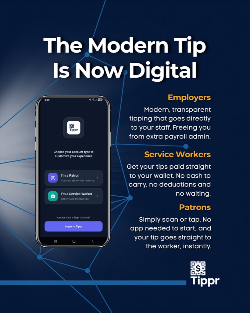 TipprSA's tweet photo. No cash. No waiting. No admin.

With Tippr, patrons can tip digitally, service workers receive their tips instantly and employers get a simpler tipping solution.

A digital tipping experience developed for everyone.

#TipprSA #Cashless #SouthAfrica  #Tipping https://t.co/6hn87qAFLX