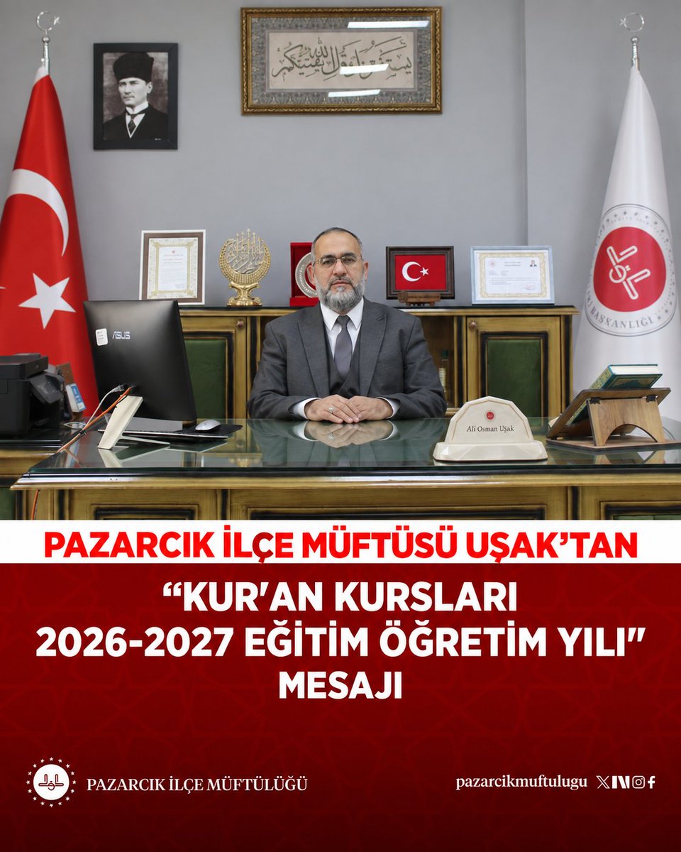 pazarcikmuft's tweet photo. 📖 İLÇE MÜFTÜSÜ UŞAK’TAN EĞİTİM ÖĞRETİM YILI MESAJI

İlçe Müftüsü Ali Osman UŞAK, 2026-2027 eğitim öğretim yılının Kur’an kurslarımız, öğreticilerimiz ve öğrencilerimiz için hayırlı, bereketli ve başarılı geçmesini temenni etti.

#Pazarcık #Diyanet #Kurankursları @aliosmanusak https://t.co/N8djCm2nlr