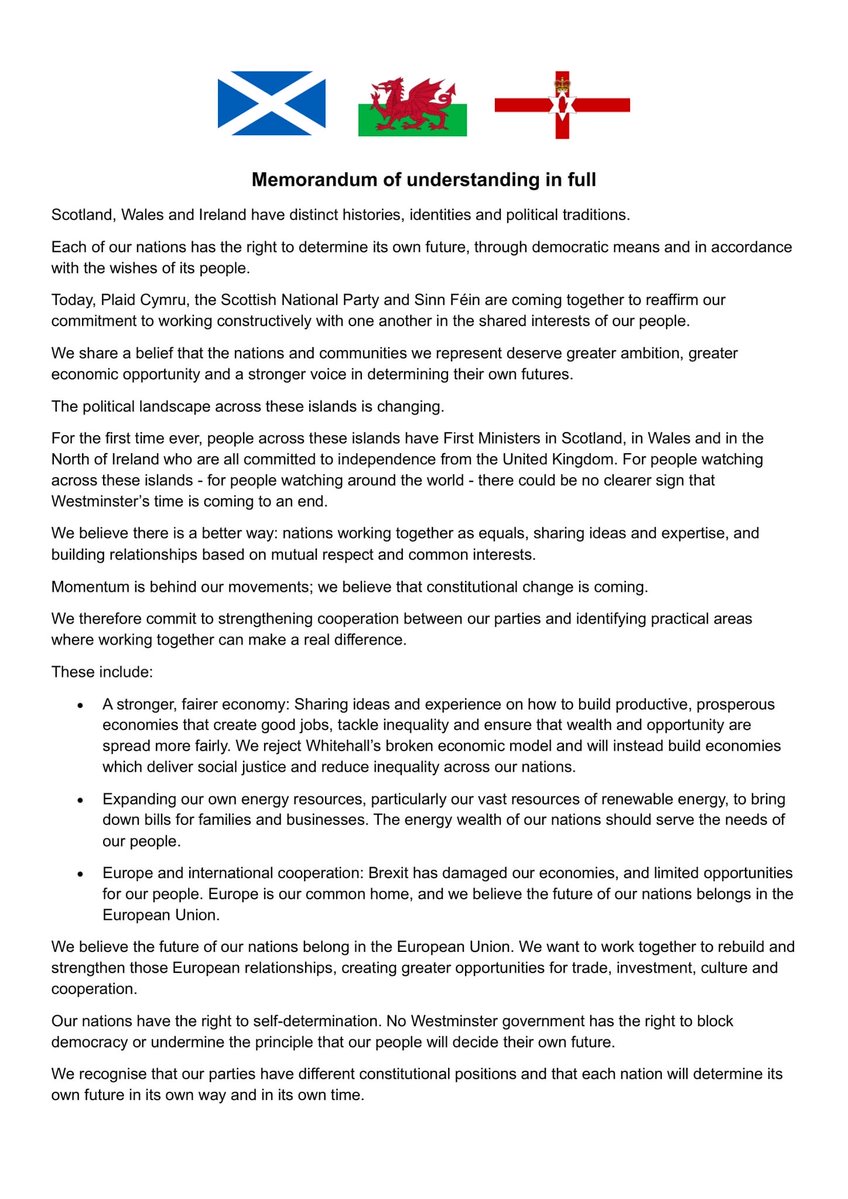 putino's tweet photo. I leader di SNP, Plaid Cymru e Sinn Féin, i cui esponenti guidano oggi i governi di Scozia, Galles e Irlanda del Nord, hanno sottoscritto un accordo a favore dell’autodeterminazione e affermano che il futuro di queste regioni è nell’Unione Europea lontani dal Regno Unito. https://t.co/Wp1oVa26U2