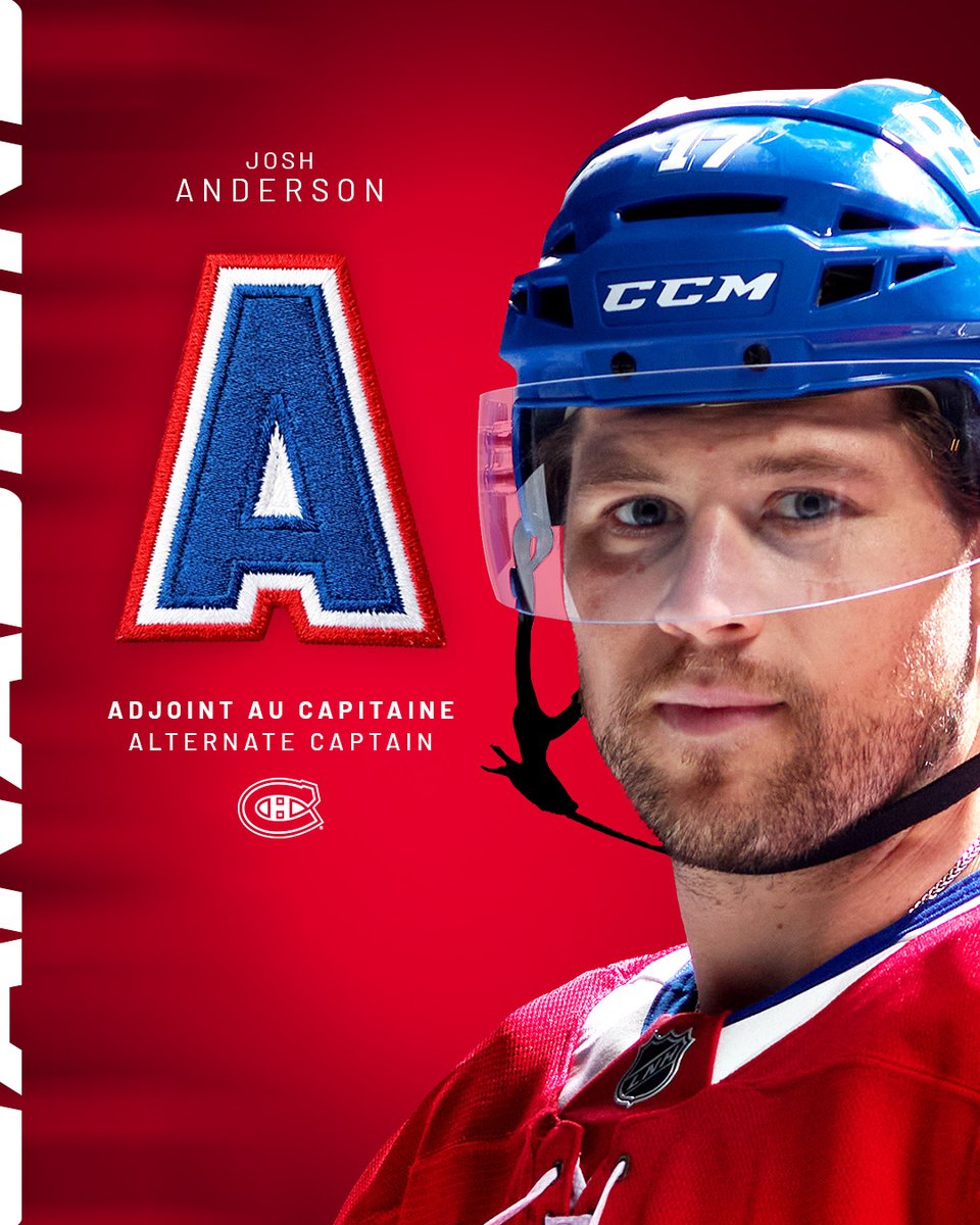 CanadiensMTL's tweet photo. Josh Anderson sera désormais adjoint au capitaine Nick Suzuki, en plus de Mike Matheson

Josh Anderson will serve as an alternate captain to Nick Suzuki, along with Mike Matheson

#GoHabsGo https://t.co/LtymJKgODe
