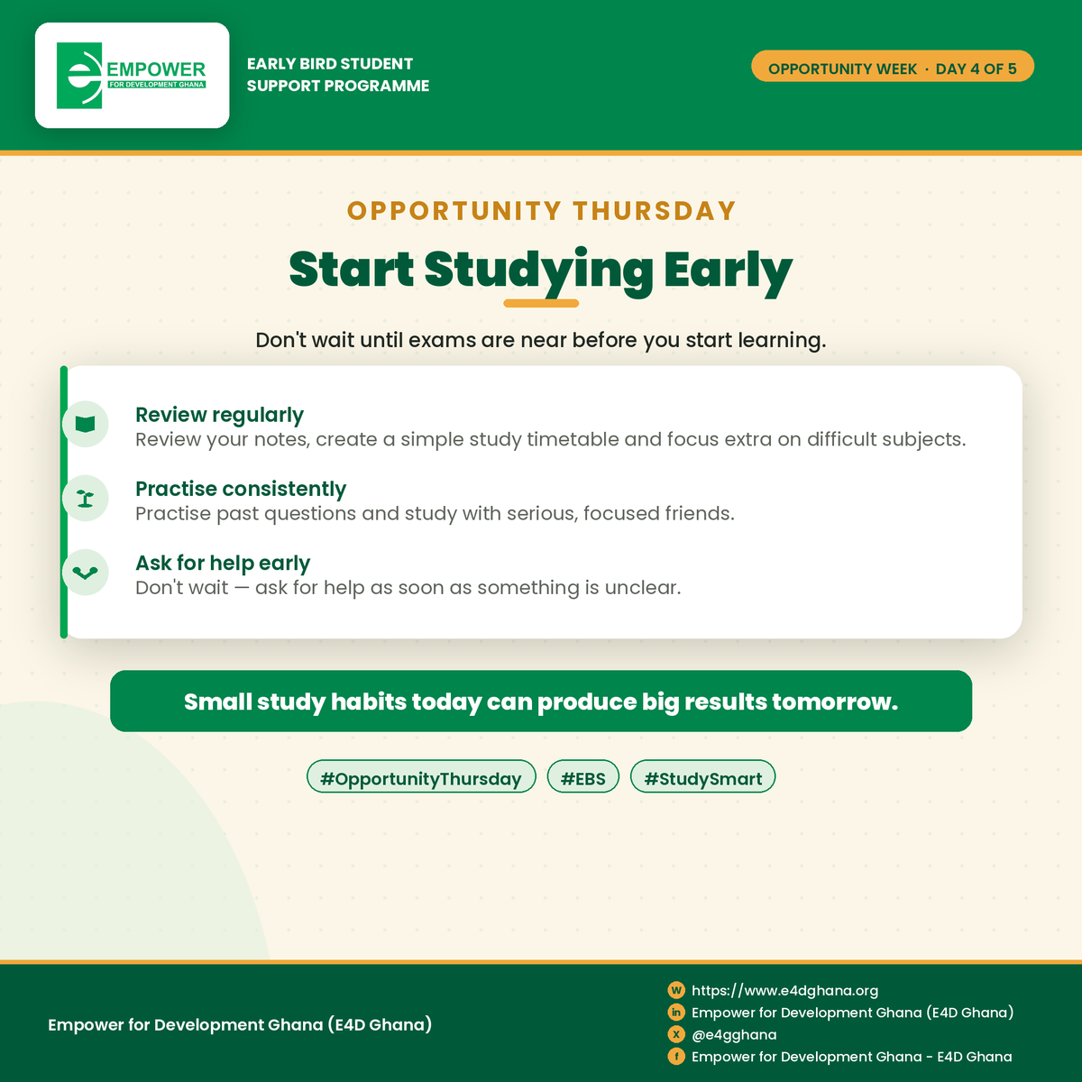 e4dghana's tweet photo. 📚 Start Studying Early!

Don’t wait until exams are near. Review regularly, practise consistently, and ask for help as soon as something is unclear. Small study habits today can produce big results tomorrow. 💚

#OpportunityThursday #EBS #StudySmart https://t.co/aaEKkC6yt5