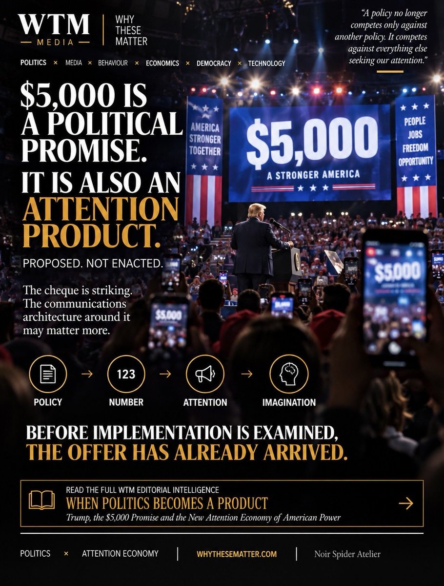 whythesematter's tweet photo. $5,000 IS A POLITICAL PROMISE

A political promise can deliver value before it ever becomes policy: it captures attention, shapes perception and invites behavioural response. The democratic task is not to resist persuasion, but to interrogate it.

Read the full WTM Editorial Intelligence: When Politics Becomes a Product: Trump, the $5,000 Promise and the New Attention Economy of American Power. 
https://t.co/WBekA7K8Op