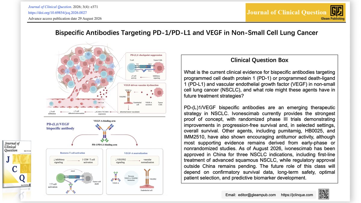 Gleampublishing's tweet photo. 🌟 A new review summarizes the current clinical evidence for PD-(L)1/VEGF bispecific antibodies in NSCLC and discusses their potential role in future treatment strategies.
👉 Read it: https://t.co/nszXQB864J
#NSCLC #PD1 #PDL1 #VEGF https://t.co/N2WdwOeyUA