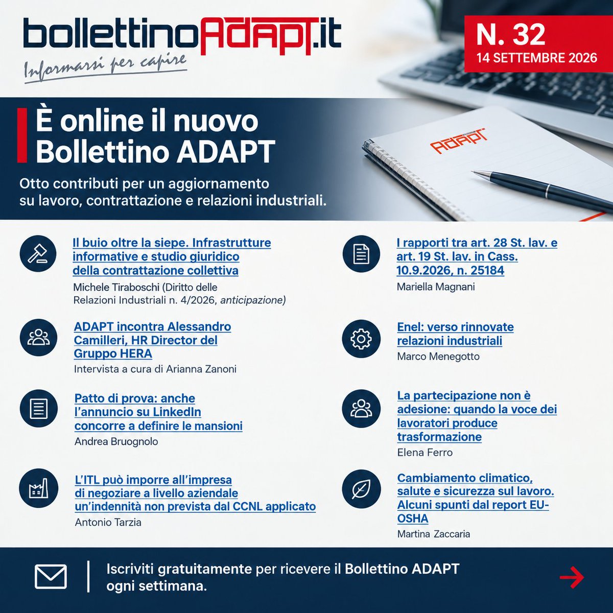 bollettinoADAPT's tweet photo. 🚀 È online il Bollettino ADAPT n. 32/2026: nuove analisi, approfondimenti e aggiornamenti sul mondo del #lavoro, della #contrattazione e delle #relazioniindustriali.

👉Leggi il nuovo numero: https://t.co/V46ikHTOXR

✉️ Iscriviti gratis alla newsletter: https://t.co/8isEeuxebv https://t.co/x97bACBC6J