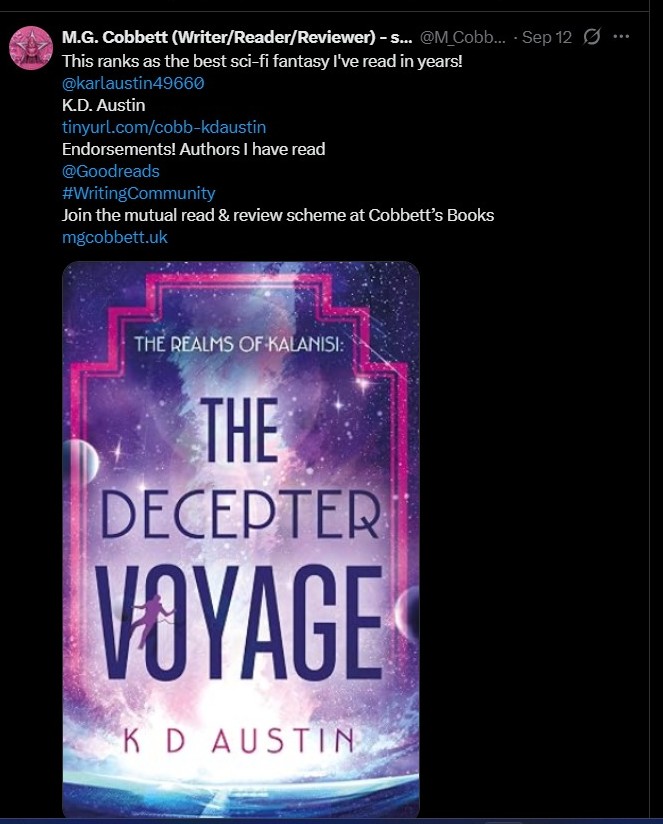 karlaustin49660's tweet photo. The Realms of Kalanisi: The Decepter Voyage! 🌒
If you are craving a massive space opera to get lost in, your next obsession has arrived.
Wow! Thank you so much MG Cobbett💞
https://t.co/o7aktfnwHk
https://t.co/mGsrcvO6Fu
#SpaceOperaBookTok #SciFiTok #SciFiRomance #IndieAuthor https://t.co/vZmUvrUrpI