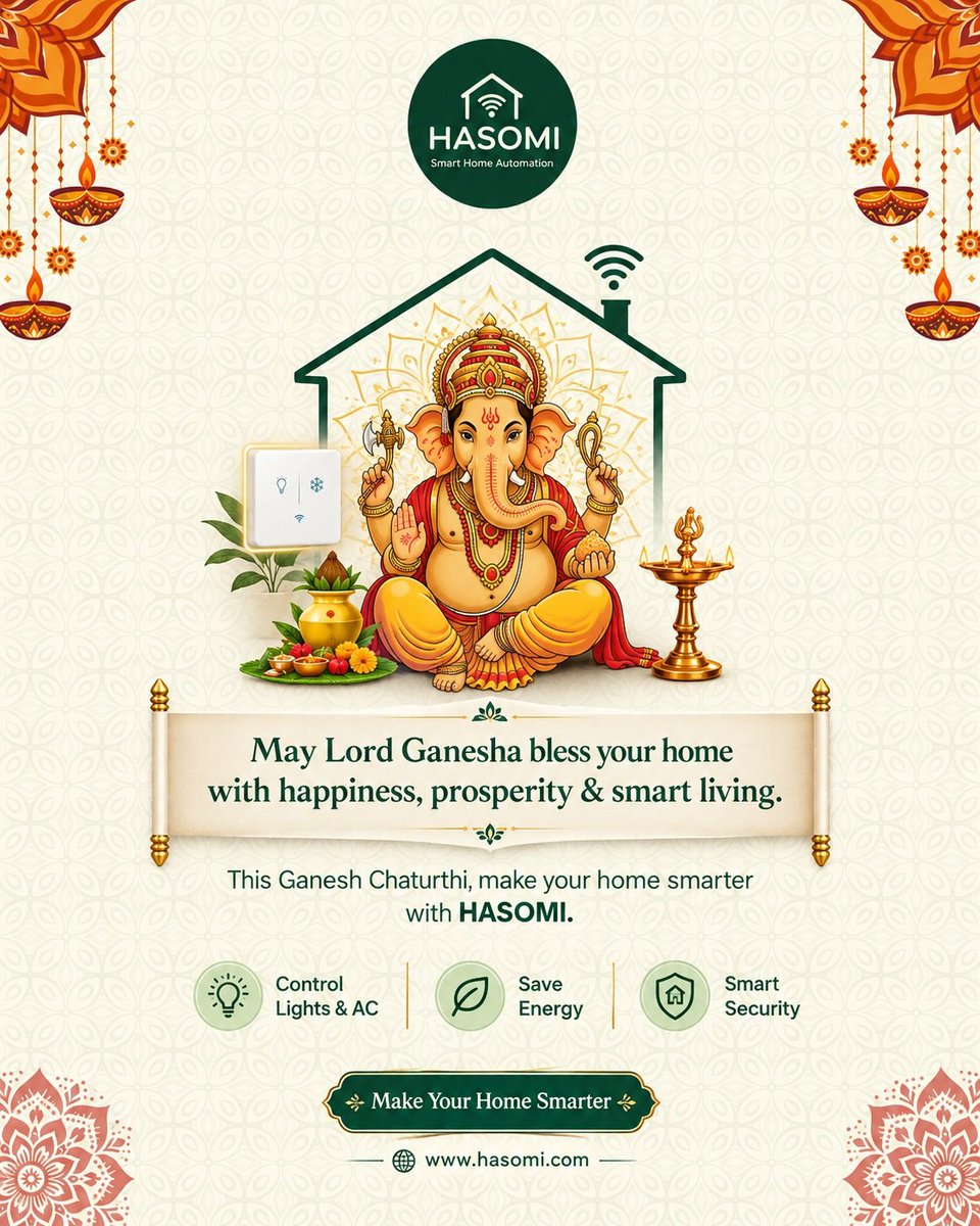 hasomi_smart's tweet photo. May Bappa fill your home with happiness, prosperity, positivity &amp; beautiful new beginnings. 🙏 

https://t.co/D4iCNea8pS

#GaneshChaturthi #GanpatiBappaMorya #Hasomi #SmartLiving #FestiveVibes #Blessings #HappyGaneshChaturthi https://t.co/uEhjVcwTiY