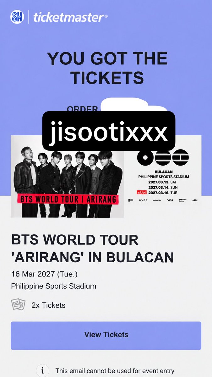 jisootix's tweet photo. inch check SELLING 1 TICKET — STANDING A 🥹💜

Selling 1 ticket for BTS World Tour ‘ARIRANG’ in Bulacan — Standing A!
✨ Same price as original  no markup!

Reason for selling: My sister got her Bruno Mars ticket 😂 Bruno Mars is life!

DM me if interested. Serious buyers only https://t.co/YscKUFCMIQ