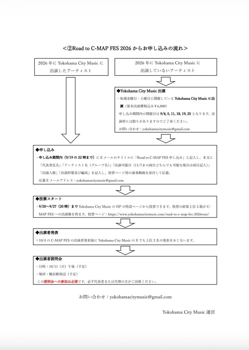 music_yokohama's tweet photo. 11月7（土）と8（日）に横浜駅近くの4会場で開催するC-MAP FES‼️Yokohama City MusicからもRoad to C-MAP FES経由で出演できます🎤この投稿にある案内をお読みの上ご応募ください♬またC-MAP FESには直接応募することもできるのでフライヤーと@cmapfesも確認してください✔︎#CMAP #横浜 #フェス #募集 https://t.co/nyZYJc3dGO
