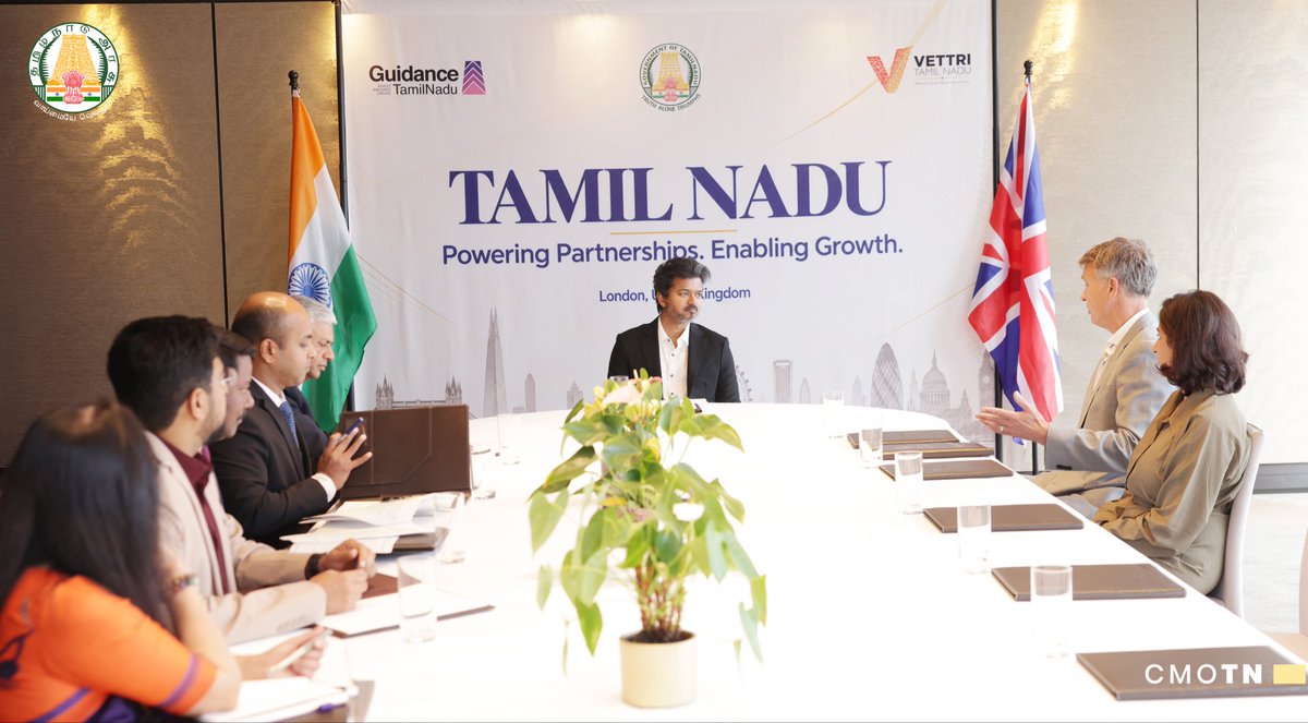 CMOTamilnadu's tweet photo. இங்கிலாந்து, இலண்டன் நகரில் இன்று (14.09.2026), சம்வர்தனா மதர்சன் இன்டர்நேஷனல் லிமிடெட் (Samvardhana Motherson International Ltd.,) நிறுவனம் அதன் ஐரோப்பா மற்றும் இங்கிலாந்தைச் சேர்ந்த கூட்டு நிறுவனங்களுடன் இணைந்து,  வழிகாட்டி நிறுவனத்துடன் தமிழ்நாட்டில் சுமார் ரூ.11,000 கோடி முதலீட்டில், வடிவமைப்பு, பொறியியல், உற்பத்தி,  கூட்டிணைப்பு (Assembly) மற்றும் தளவாட வசதிகள் ஆகிய துறைகளில் சுமார் 7,000 நபர்களுக்கு வேலைவாய்ப்புகள் உருவாக்கிடும் வகையில் புரிந்துணர்வு ஒப்பந்தம் மேற்கொள்ளப்பட்டது. 

இப்புரிந்துணர்வு ஒப்பந்தத்தில்,  சம்வர்தனா மதர்சன் இன்டர்நேஷனல் குழுமத்தின் உலகளாவிய சந்தைப்படுத்தல் மற்றும் தகவல் தொடர்புத் துறைத் தலைவர் திரு.பாரி பெயிண்டர் மற்றும் தமிழ்நாடு அரசின் வழிகாட்டி நிறுவனத்தின் நிர்வாக இயக்குநர் திரு.தீபக் ஜேக்கப், இ.ஆ.ப. ஆகியோர் கையெழுத்திட்டு, ஒப்பந்தத்தைப் பரிமாறிக் கொண்டனர்.   

இந்நிகழ்ச்சியில், இங்கிலாந்து நாட்டிற்கான இந்தியத் தூதர் திரு.குமரன் பெரியசாமி, IFS, நிறுவனப் பிரதிநிதிகள் மற்றும் அரசு உயர் அலுவலர்கள் கலந்துகொண்டனர்.

                                                                                                                                          Today (14.09.2026), in London, England, a Memorandum of Understanding (MoU) was signed between Samvardhana Motherson International Ltd., along with its European and UK-based joint venture companies, and Guidance, Tamil Nadu, for an investment of approximately Rs.11,000 crore in Tamil Nadu. The investment will create employment opportunities for around 7,000 people across sectors including design, engineering, manufacturing, assembling and logistics facilities.

The MoU was signed and exchanged by Mr. Barry Painter, Global Head – Marketing and Communications, Samvardhana Motherson International Group, and Mr. Deepak Jacob, IAS, Managing Director, Guidance, Government of Tamil Nadu.

Thiru. Kumaran Periyasamy, IFS, High Commissioner of India to the United Kingdom, representatives of the company, and senior officials of the Government of Tamil Nadu were present in the event.

#CMJosephVijay‌