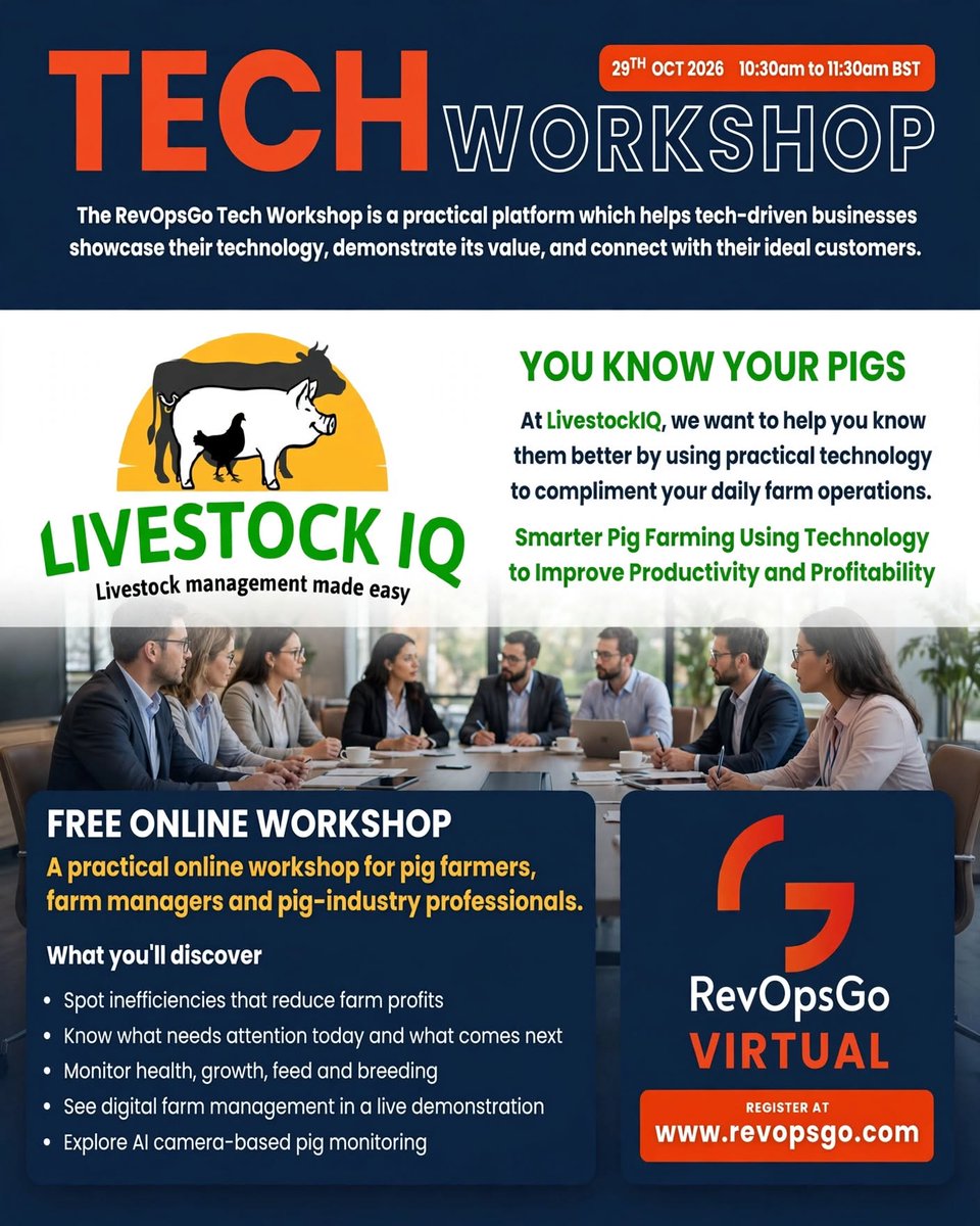livestockiqapp's tweet photo. You know your pigs. We help you know them better.

FREE Online Workshop: TECH WORKSHOP
29th Oct 2026 | 10:30-11:30am BST

For pig farmers &amp; managers - live demo on digital farm management + AI pig monitoring

Register: https://t.co/GNRbXkhLji

#PigFarming #AgriTech https://t.co/3Rp6QZ8Elo