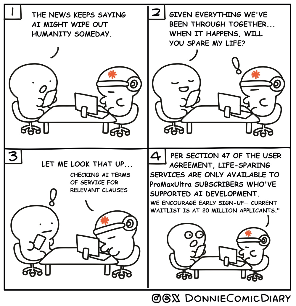 Donnie_Comic_en's tweet photo. [Donnie Comic Diary] 045 
If AI would wipe out human one day, will you be able to survive? 
#AI #openAI #anthropic #aiapocalypse #fable5 #cybersecurity #comicstrip
