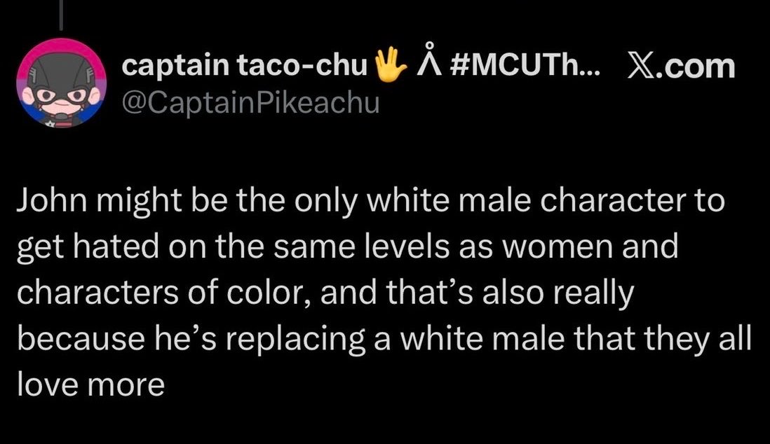elladjarin's tweet photo. white man receiving same level of hate as WOMEN AND CHARACTERS OF COLOR 😂😂😂😂you need to be insane to believe shit like this https://t.co/1P0Z15kwSy