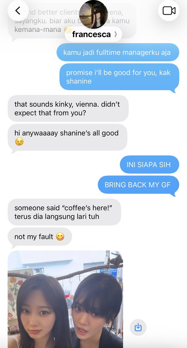flawsntall's tweet photo. vienna kangen shanine, tapi malah whiny slash ngomel ke roomchat francesca. this is how the chaos goes 

 #jiminjeong x #ningselle https://t.co/JvDo8KrTXi