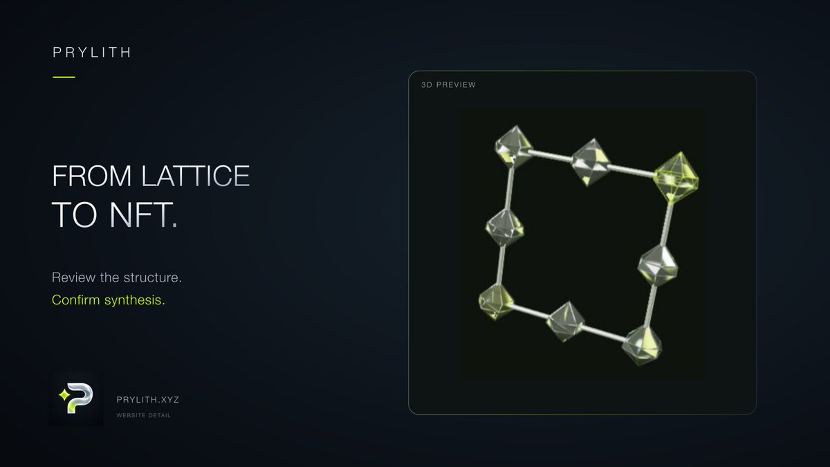 PRYLITHonchain's tweet photo. Review your lattice in 3D. Then synthesize it into a crystal NFT.

The transaction consumes the materials your design requires and mints the NFT to your wallet.

Unused materials stay yours. https://t.co/SZaSsGarYN