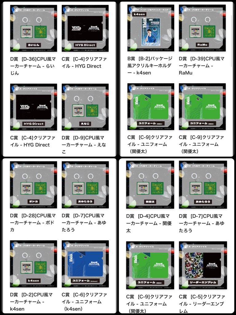 lucidreaming_'s tweet photo. @no_TL
ハイゲ　ハイパーゲーム大会　ガチャ

【譲】
D賞:らいじん、えなこ、RaMu、ボドカ、あゆたろう、関優太、k4sen、ボドカ、渋谷ハル
C賞:HYG Direct、関優太、k4sen、リーダーエンブレム
B賞:k4sen

【求】
D賞:たいじ

交換について、異種たいじグッズでも可能です。お気軽にお声がけください。 https://t.co/iYqOzLEW64