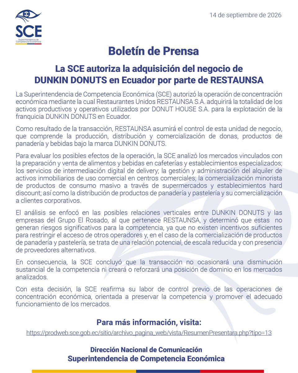 Competencia_Ec's tweet photo. La Superintendencia de Competencia Económica autorizó una operación de concentración económica, tras verificar que no genera riesgos significativos para la competencia.
 
Conoce más aquí ⬇️ https://t.co/7xuAruruNJ