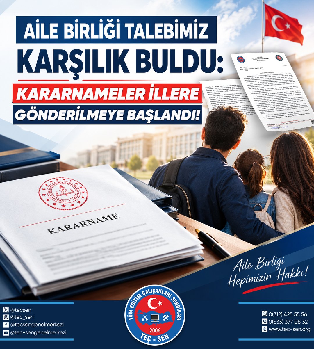 tecsen's tweet photo. 🏚️ AİLELER KAVUŞUYOR! 👏

TEÇ-SEN olarak, üç yıllık sözleşmeli çalışma süresini tamamlayarak memur kadrosuna geçen büro personelimizin aile birliği mazeretine bağlı yer değişikliği taleplerini 27 Ağustos 2026 tarihinde Millî Eğitim Bakanlığına iletmiştik.

Talebimiz karşılık buldu!

Bakanlığımız, talepleri olumlu değerlendirerek yer değişikliği kararnamelerini illere göndermeye başladı.

Uzun süredir eşinden ve ailesinden ayrı kalan çalışma arkadaşlarımızın ailelerine kavuşmasına vesile olacak bu olumlu düzenleme için Millî Eğitim Bakanlığımıza ve ilgili bürokratlarımıza teşekkür ediyoruz.

Talep ettik, takip ettik, sonuç aldık!

Aile birliği sağlanan tüm çalışma arkadaşlarımıza ve ailelerine hayırlı olsun.

TEÇ-SEN olarak eğitim çalışanlarımızın hakları için çalışmaya, takip etmeye ve sonuç almaya devam edeceğiz.

#teçsen #meb @öne çıkar #eğitimçalışanları #ailelerkavuşuyor #kamu