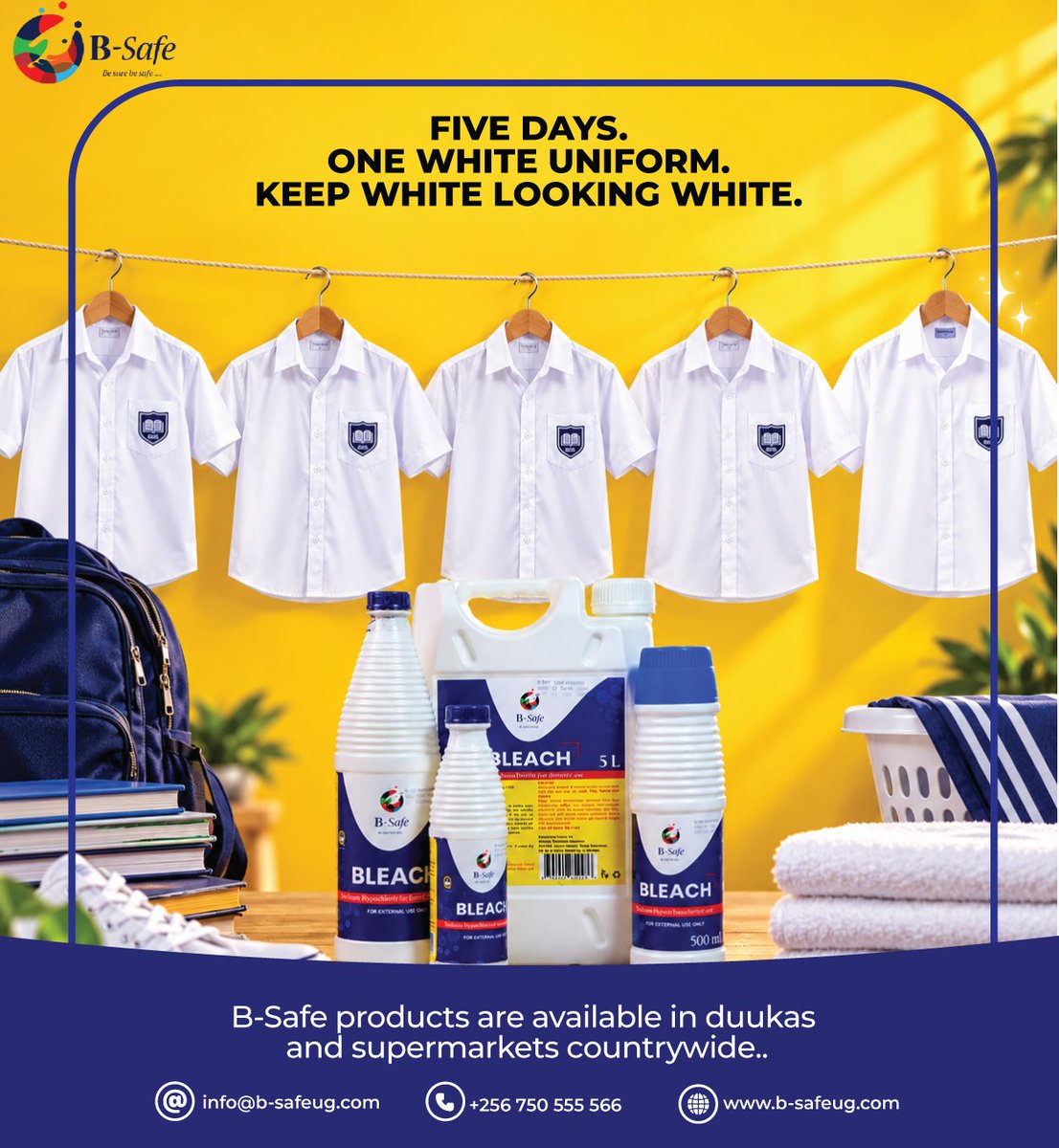 BSafeug's tweet photo. Monday starts bright. 

By Friday, the uniform has a story to tell. 

Keep whites looking fresh with B-Safe Bleach. 

Find B-Safe products in pharmacies, supermarkets and pharmacies country wide. 

#BSafe #BSafeBleach #BackToSchool #CleanAndBright https://t.co/DSaG4la6v0