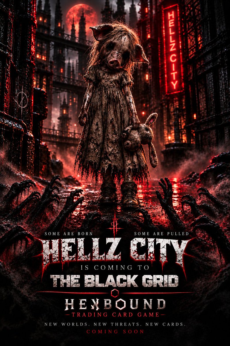 I_Vicidflow_l's tweet photo. ��� HELLZ CITY IS OPENING. 🩸

Something is moving in the dark.

Something that was never supposed to cross over.

The Hollow reached Hellz City…
and it didn’t leave the city the way it found it.

It twisted flesh.
It changed minds.
It created FERAL. ☠️

Now they’re coming to HEXBOUND.

🐗 Hellz City citizens
🏍️ Outlaw bikers
👹 Monsters from the streets
🩸 Feral born from Hollow corruption
⚔️ New abilities
🃏 New deck strategies
🔥 New ways to fight for control of the Grid

Some were born in Hellz City.

Some were changed by it.

Some were dragged through screaming.

🟥 HELLZ CITY IS COMING TO THE BLACK GRID. 🟥

And when it arrives…

the Grid is never going to feel safe again.

🎴 HEXBOUND — TRADING CARD GAME
One Grid. Infinite Realities.

☠️ HELLZ CITY SET — COMING SOON.
🩸 BUILD YOUR DECK. ENTER THE CITY. SURVIVE WHAT FOLLOWS.

@BlackGrid_Hex 
https://t.co/mIlNLI1j5p

@HC_Hogz

#Hexbound #blackgrid #hellzcity